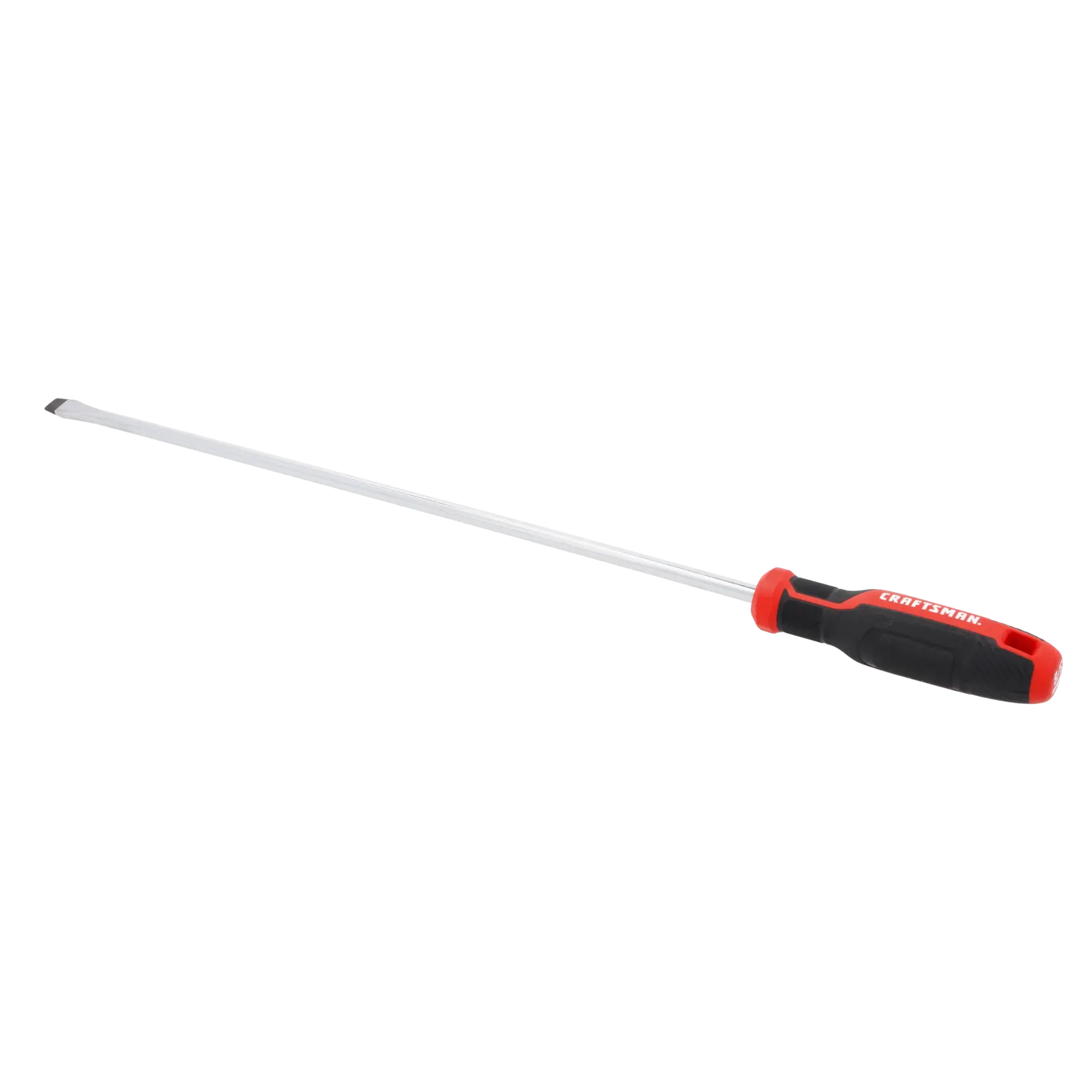 A long flathead screwdriver with a red and black handle labeled 'CRAFTSMAN'. The tool has a slender metal shaft and a flat tip, designed for turning screws with straight, linear notches.