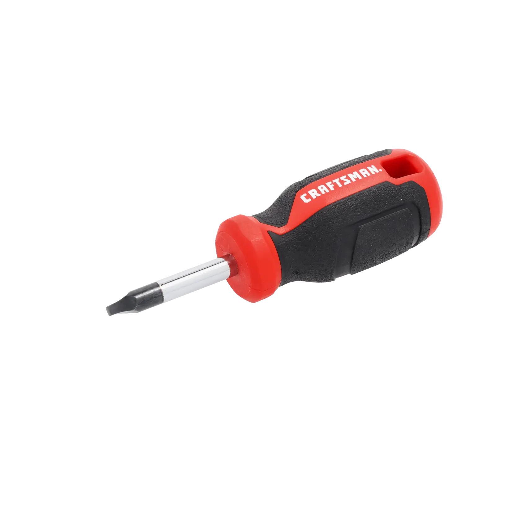 A stubby flat-head screwdriver with a black and red handle, featuring the brand name on the handle.