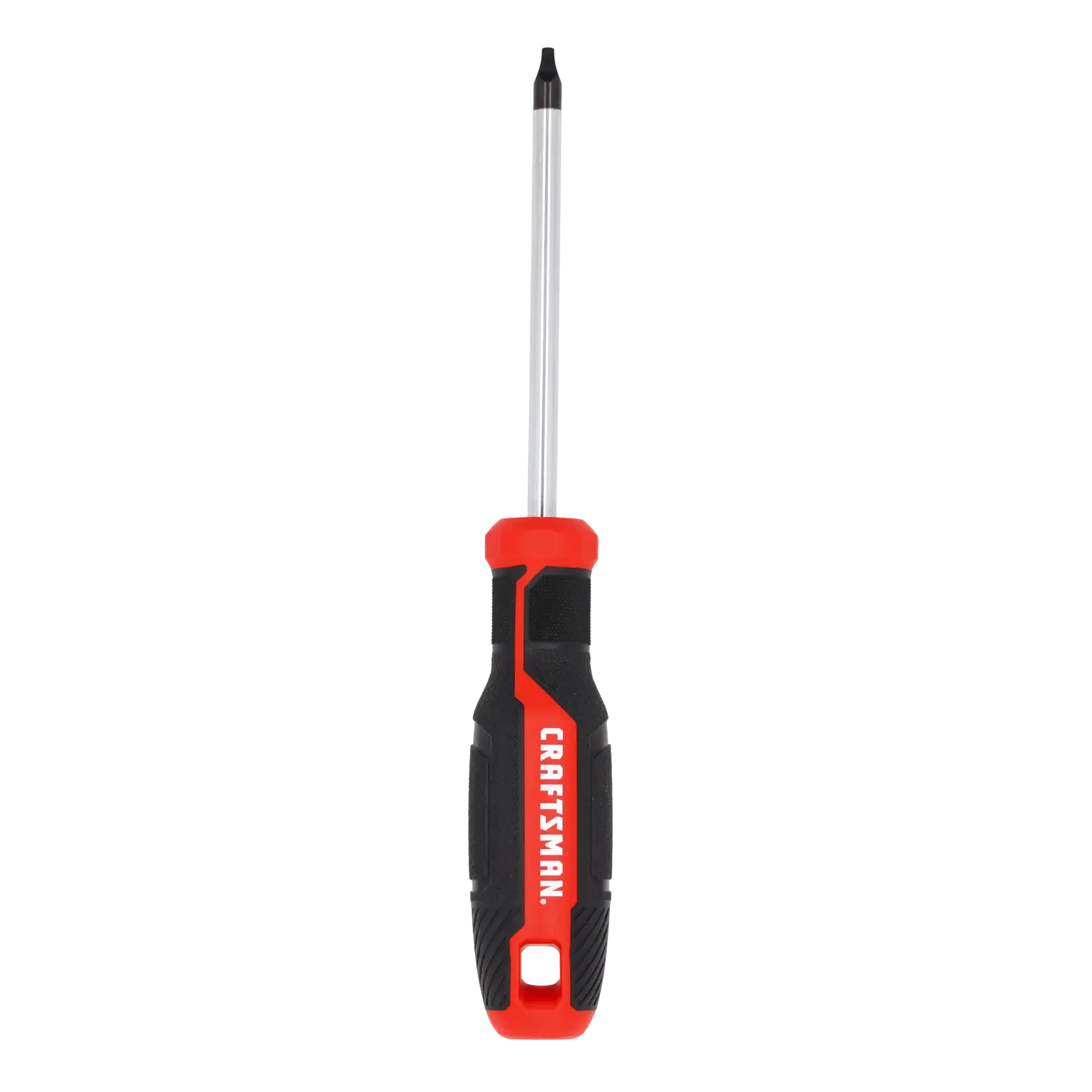 A black and red-handled screwdriver with a silver shaft and a pointed tip, shown against a white background. The handle has textured grip and the word 'CRAFTSMAN' printed on it.