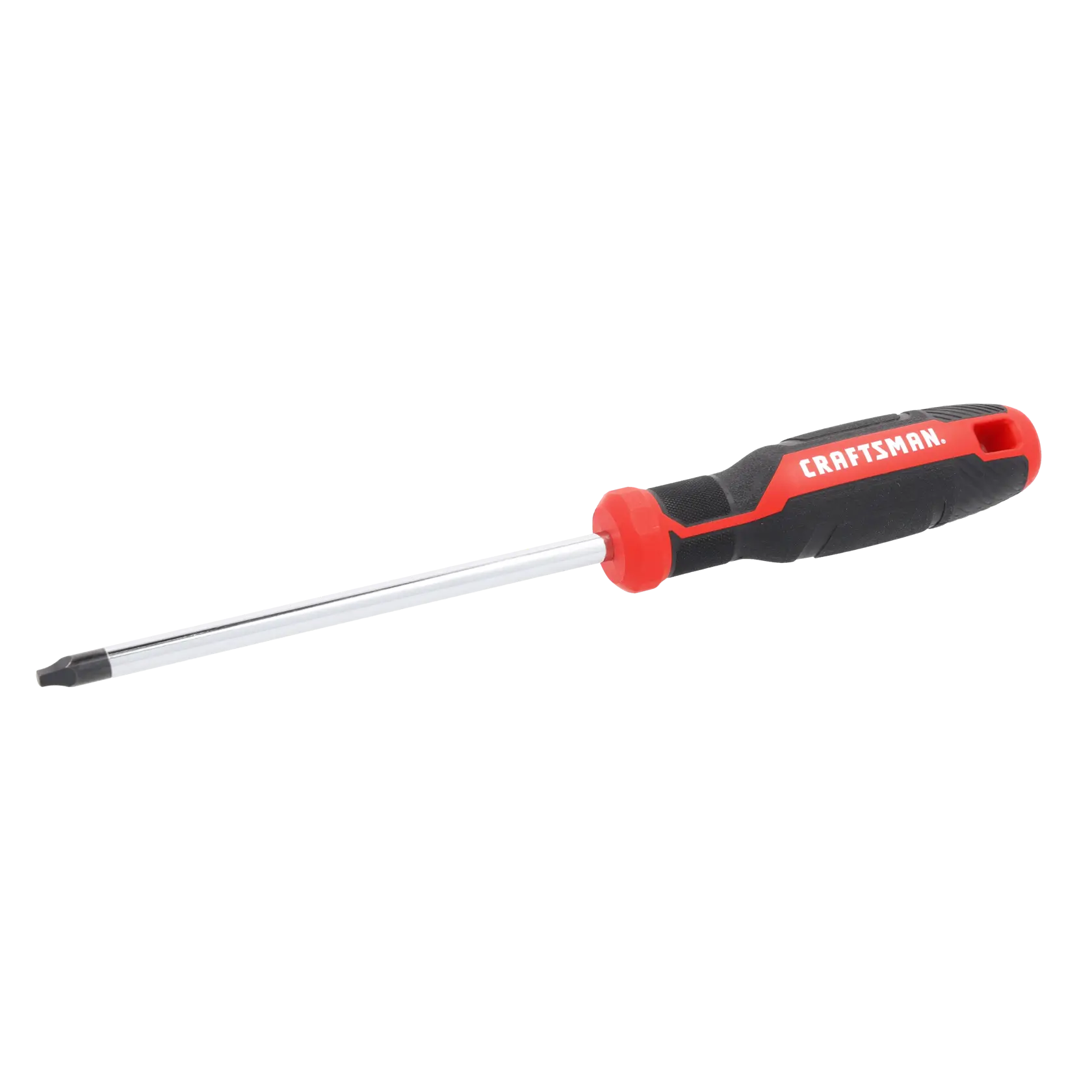 A Phillips head screwdriver with a black and red ergonomic handle and a chrome shaft.