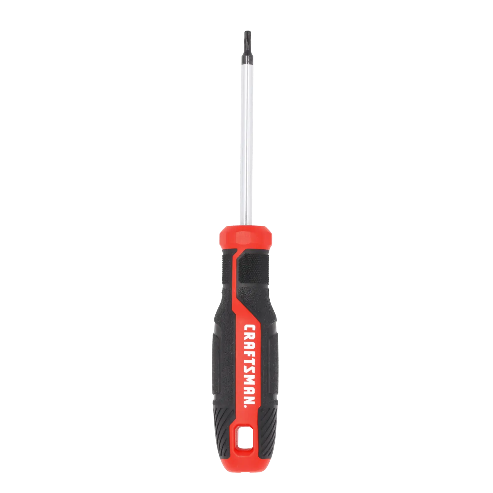 A Craftsman branded screwdriver with a black and red textured handle and a metal shaft, shown standing upright against a white background.