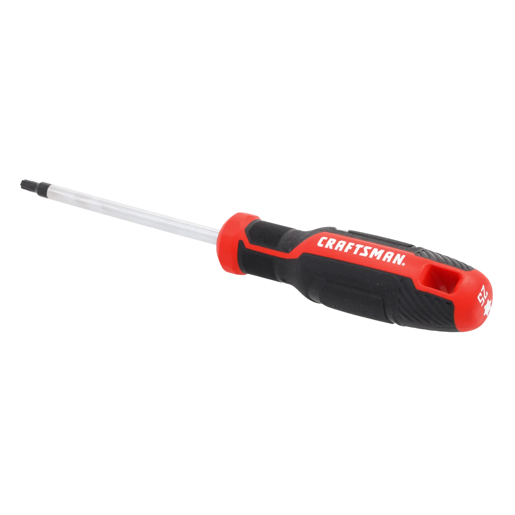 A multi-bit screwdriver with a black and red handle labeled 'CRAFTSMAN'. The tool has a clear shaft and a black interchangeable bit at the tip.