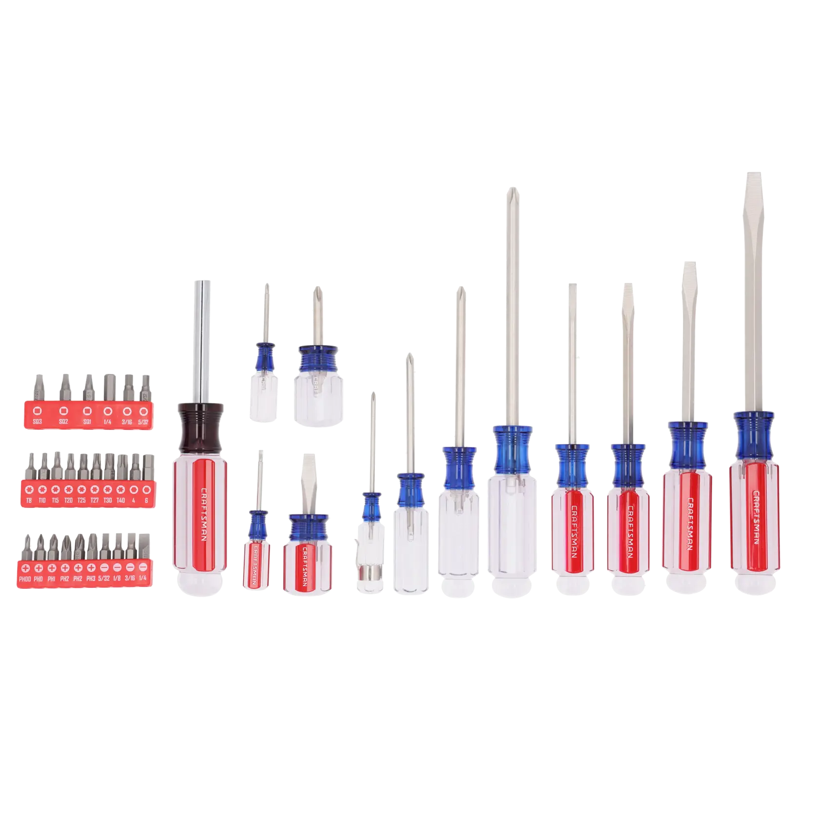 A set of assorted screwdrivers and interchangeable screwdriver bits arranged in rows. The set includes flathead and Phillips screwdrivers of various sizes with blue and red transparent handles, and several groups of bits in holders.