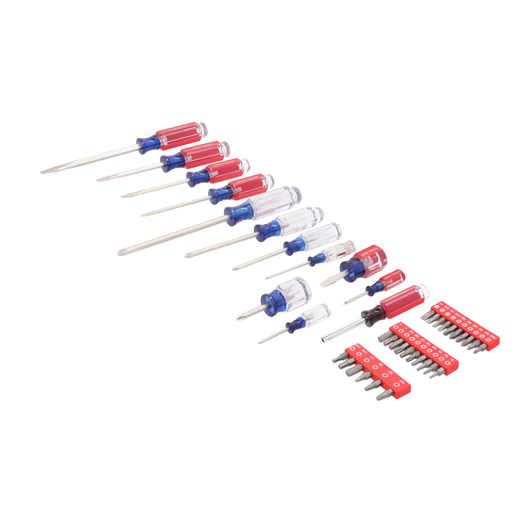 A set of various screwdrivers and screwdriver bits arranged neatly on a white background. The set includes multiple flathead and Phillips screwdrivers with red and blue handles, as well as two red holders containing different screwdriver bits.