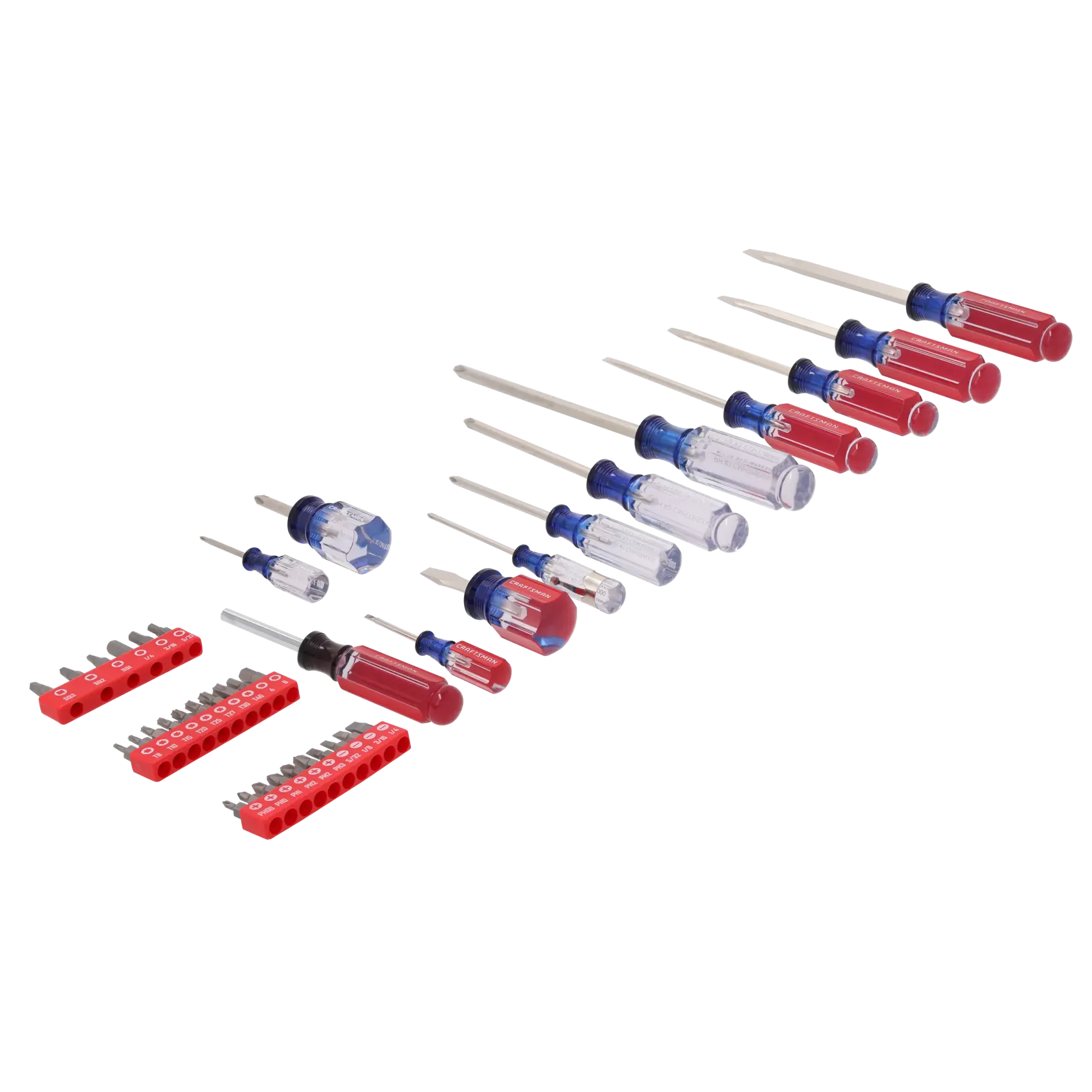 A set of assorted screwdrivers and screwdriver bits with red and blue handles, arranged in rows. The set includes various sizes and types, as well as red holders for the bits.