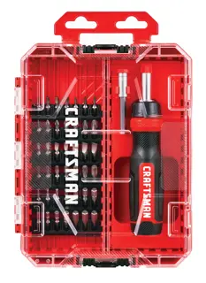 CRAFTSMAN CMHT68017 screwdriver set with multiple bits in a clear red plastic case, top-down view.
