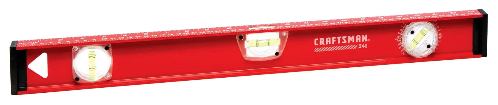 Photo of Craftsman CMHT82344 red 24-inch box beam level with three bubble vials, side angle on white background.