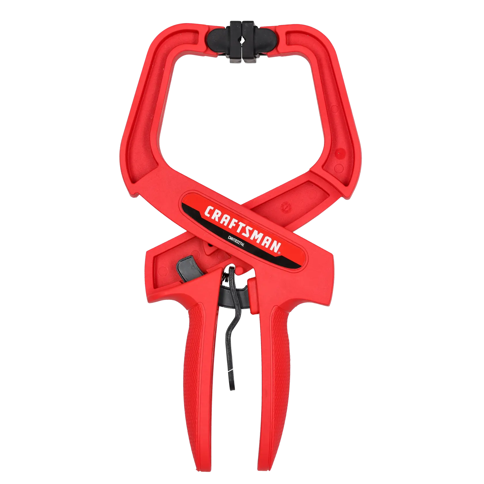Photo of Craftsman CMHT83274L red trigger clamp, front angle, plastic and metal construction on white background.