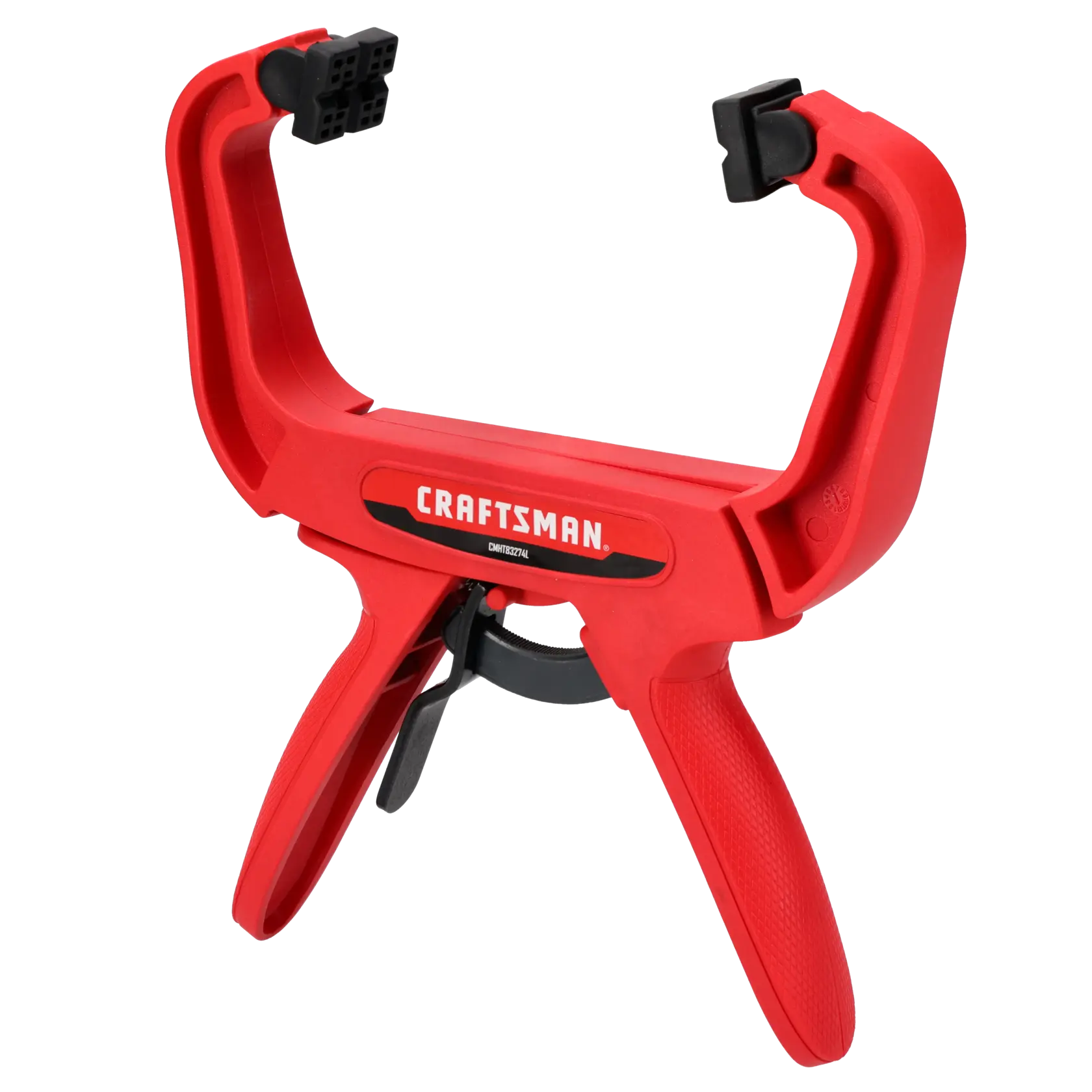 Craftsman CMHT83274L red plastic trigger clamp, front angle, with padded jaws on a white background.