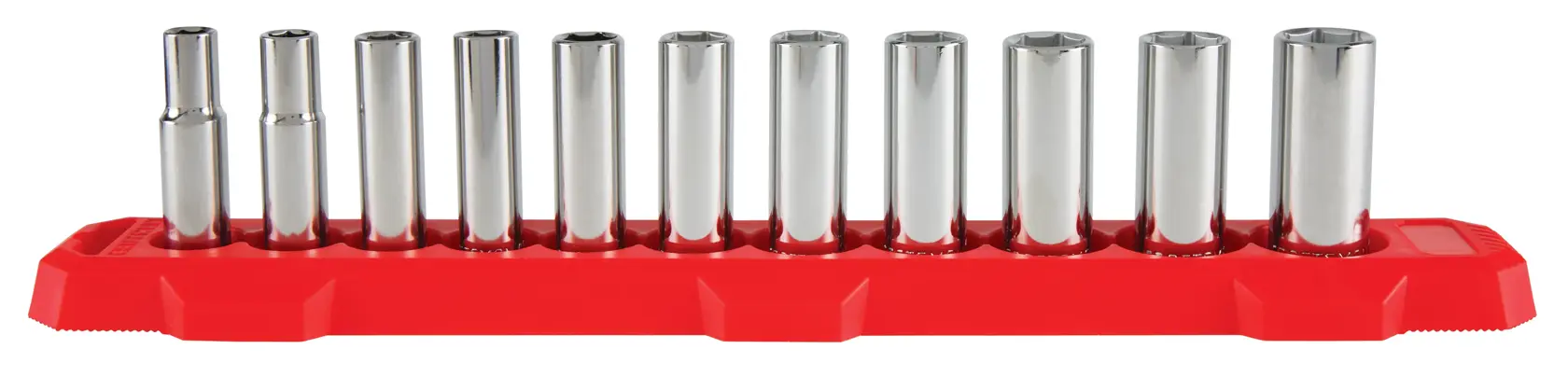 Craftsman CMMT12045 socket set with 13 chrome sockets on red tray, front angle on white background.