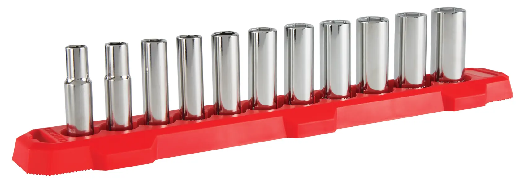 Craftsman socket set CMMT12045 with twelve chrome sockets on red organizer, front angle, white background.