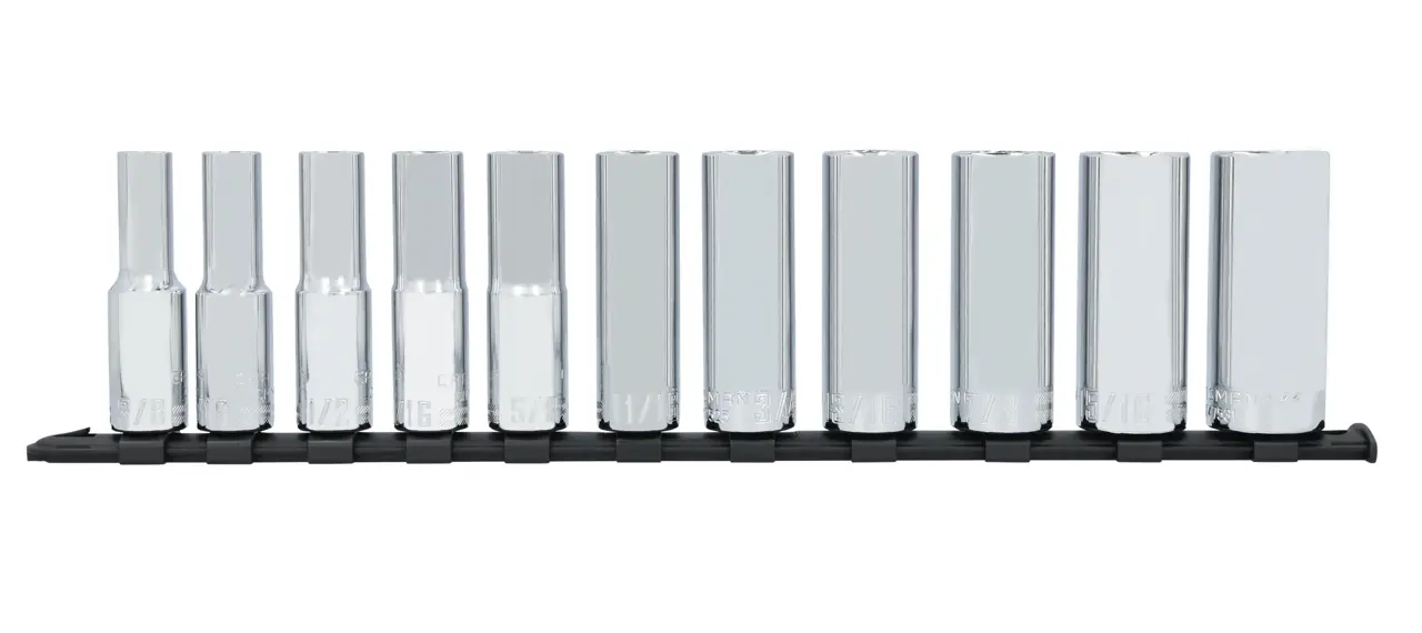 CRAFTSMAN CMMT12048 11PC 1/2IN DR DEEP SAE 12PT socket set front view.