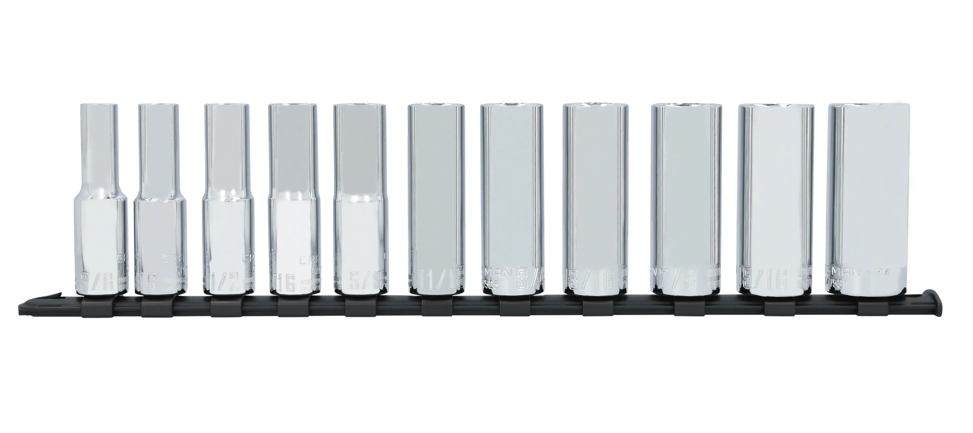 CRAFTSMAN CMMT12048 11PC 1/2IN DR DEEP SAE 12PT socket set front view.