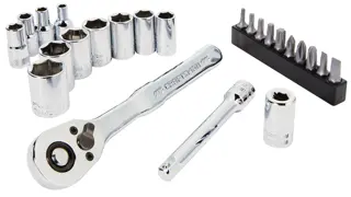 A set of chrome hand tools including a ratchet wrench, multiple sockets of various sizes, an extension bar, and a set of screwdriver bits on a holder, arranged on a white background.