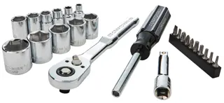 A set of chrome socket wrenches, including a ratchet handle, screwdriver, various sockets in different sizes, an extension bar, and a set of screwdriver bits, all arranged on a white background.