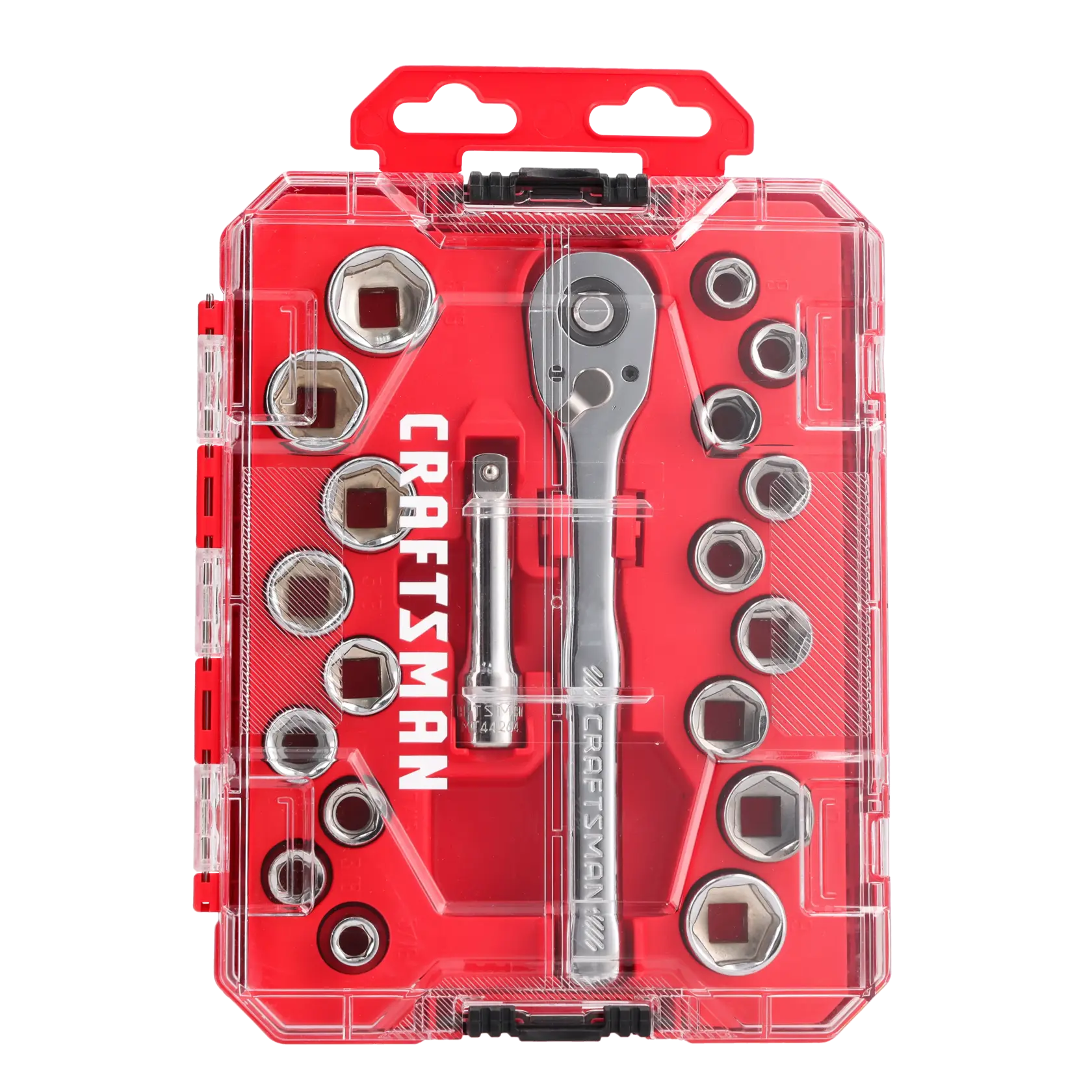 Photo of Craftsman CMMT12114 socket wrench set in red case, top-down angle, showing sockets, ratchet, and extension.