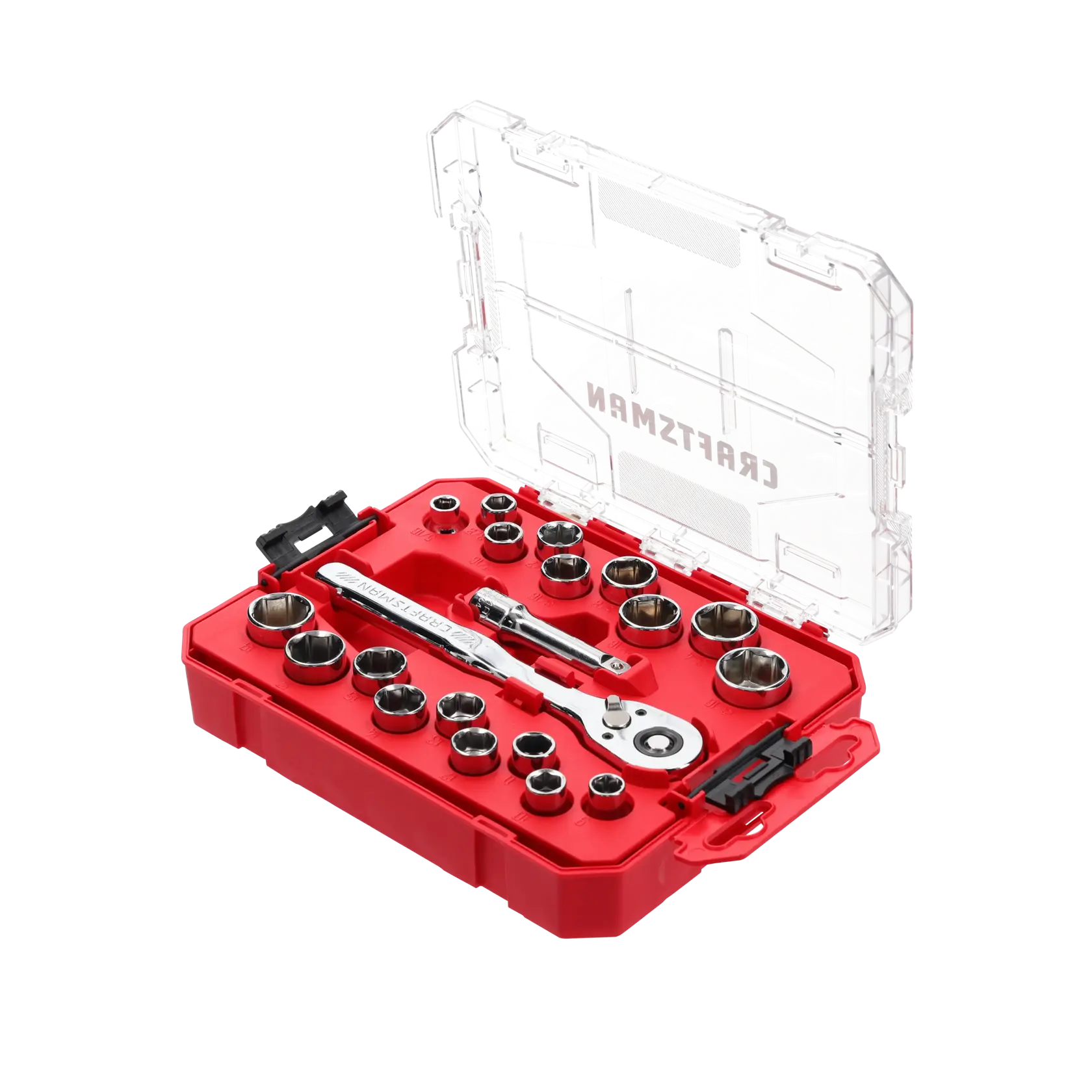 CRAFTSMAN CMMT12114 socket wrench set in red plastic case with clear lid, top angle on white background.