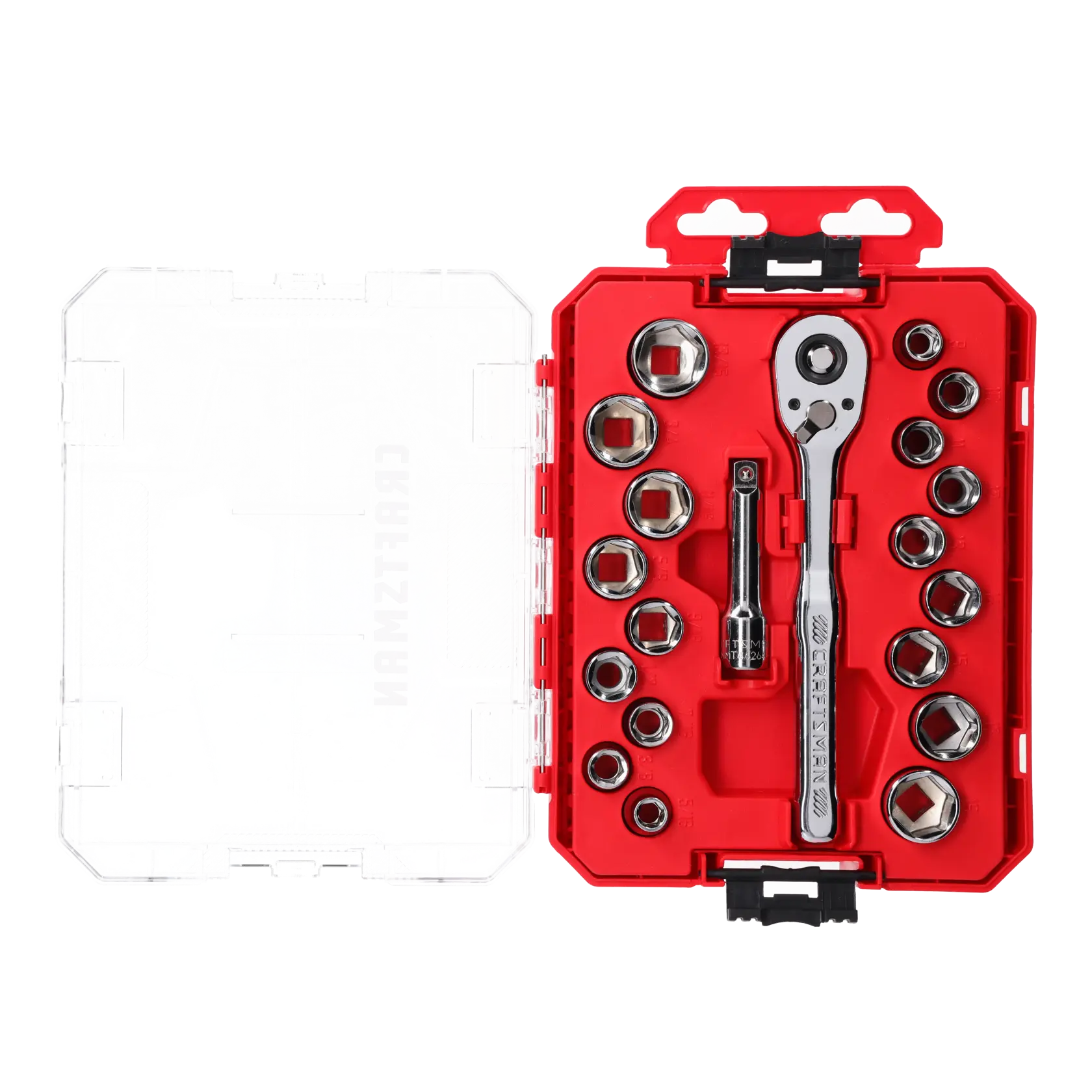 Photo of CRAFTSMAN CMMT12114 socket wrench set with multiple sockets, ratchet, and extension in a red case, top view.