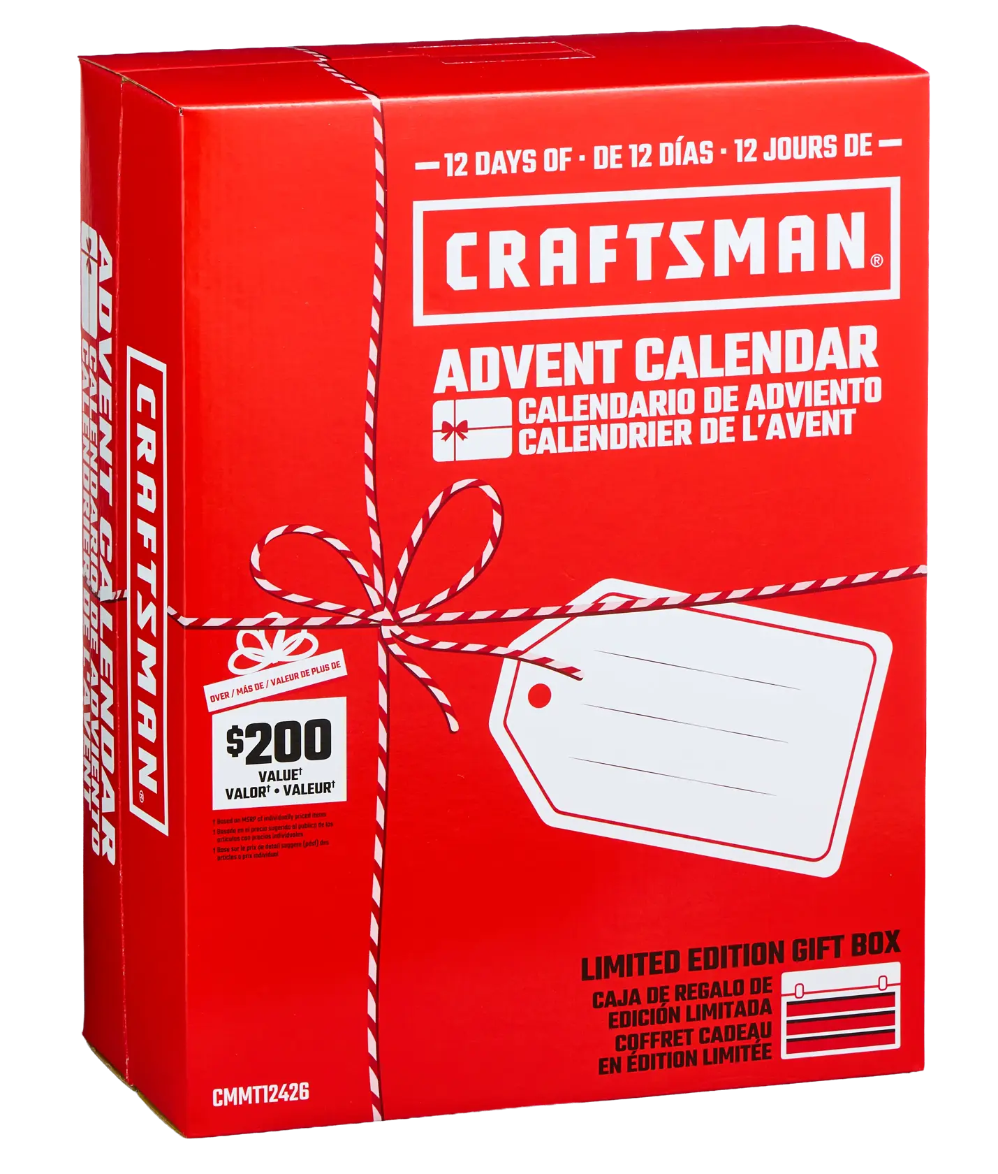 Craftsman Advent Calendar CMMT12426, red limited edition gift box with $200 value label, front angle.