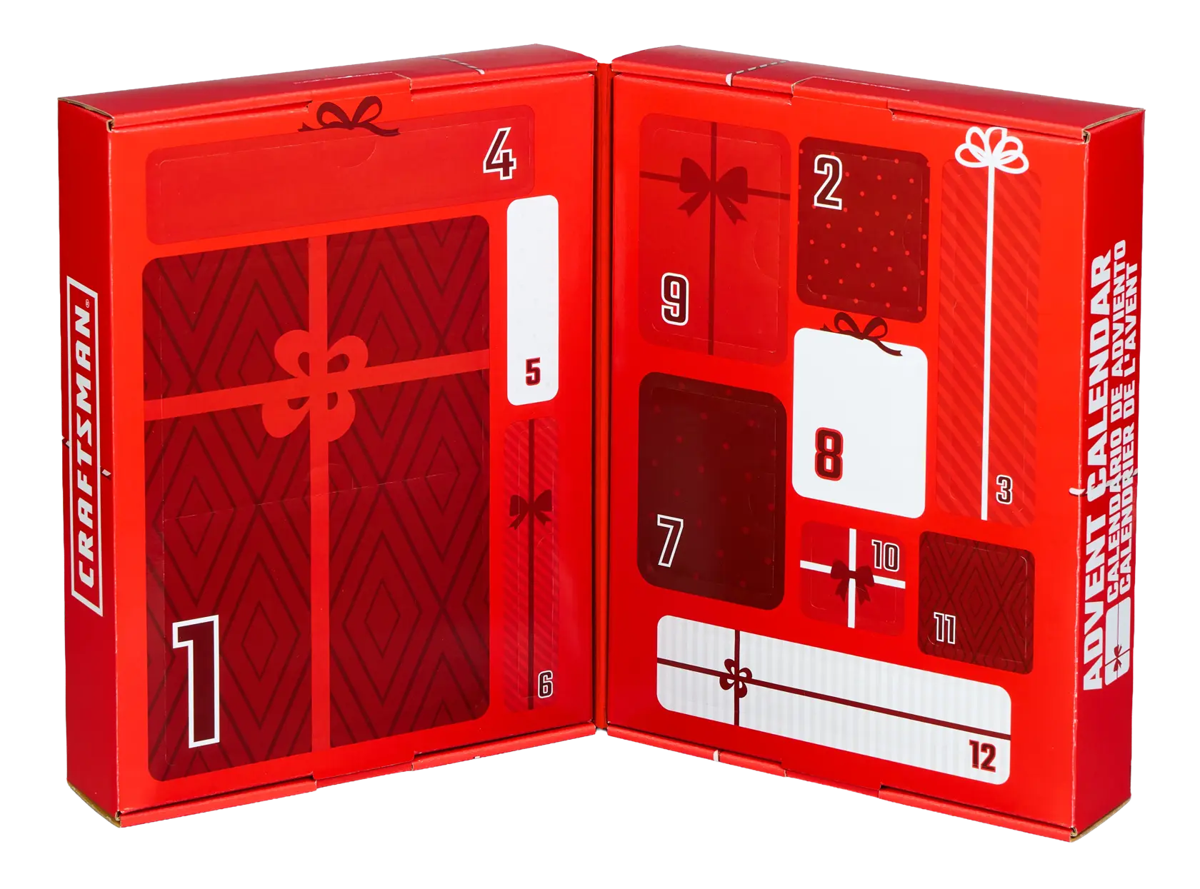 Image of a red CRAFTSMAN branded advent calendar with numbered compartments for each day, designed to resemble wrapped gifts. The calendar is open to show both sides, featuring numbers 1 to 12, and festive bow and gift designs.
