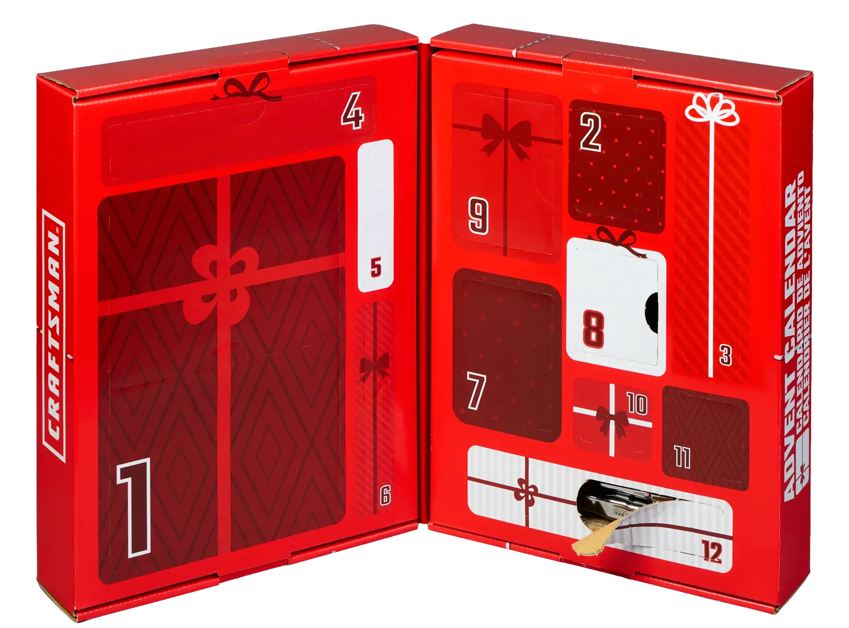 CRAFTSMAN CMMT12426 red advent calendar box with numbered compartments, open to show interior, angled view.