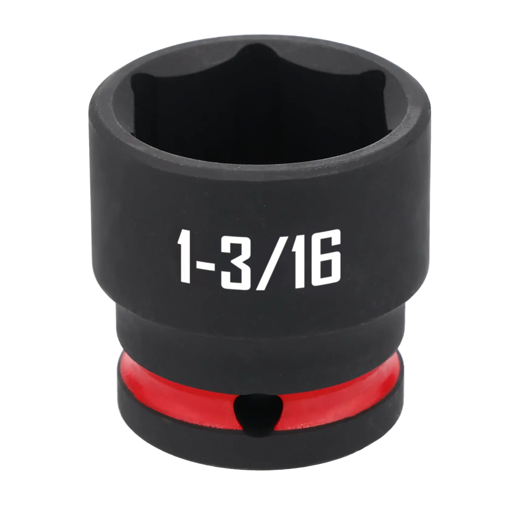 A close-up image of a black Craftsman socket with a size marking of 1-3/16 inches in white text. The socket features a red ring near its base.