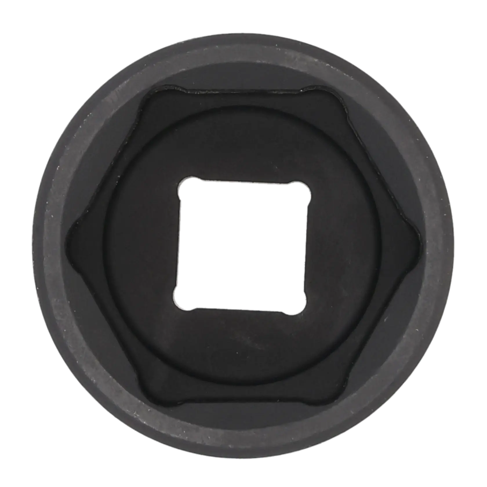 Close-up image of a black, circular metal socket tool with a square opening in the center, commonly used for automotive or mechanical applications.