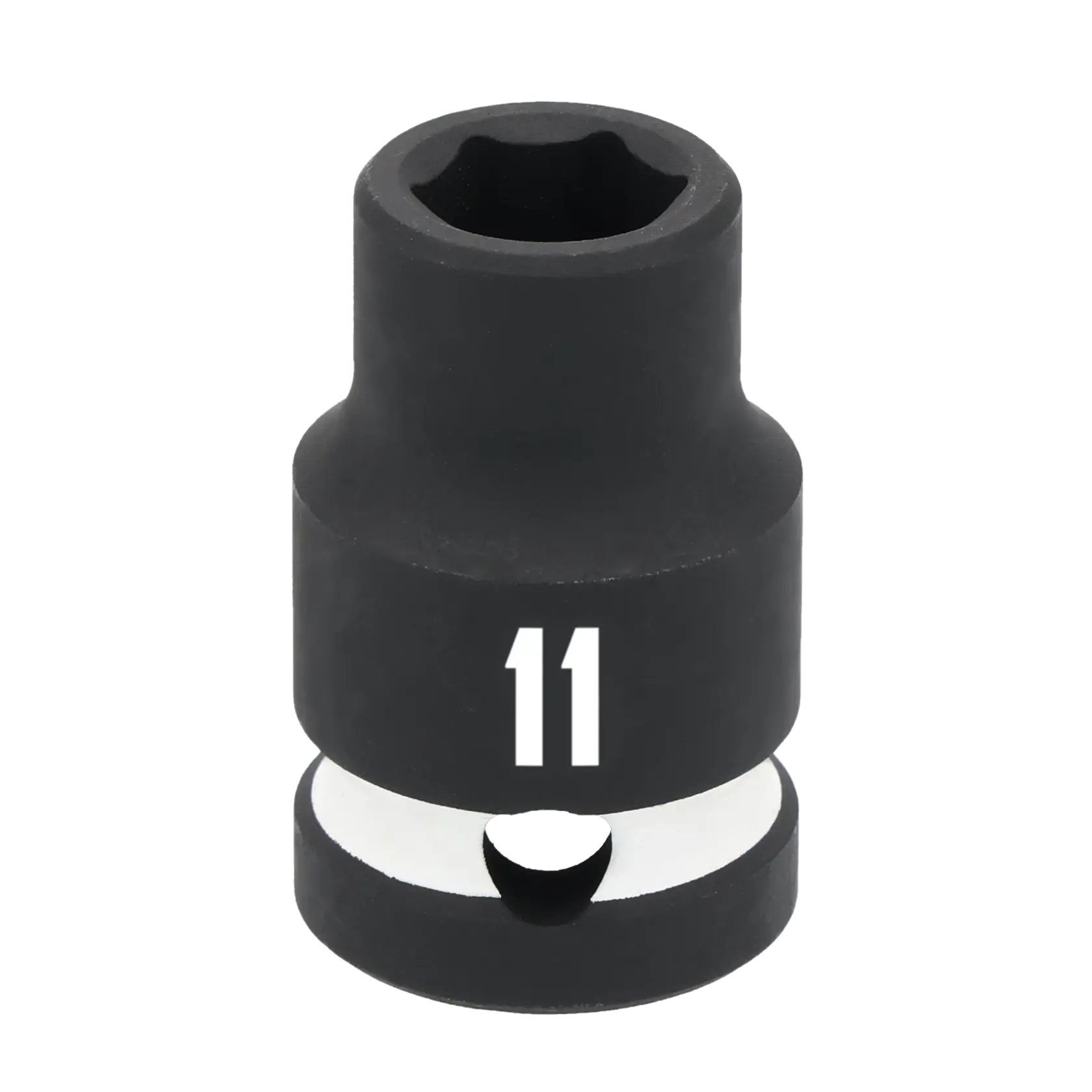 A single black impact socket with the number 11 printed in white on its side, used for attaching to a socket wrench to turn bolts or nuts.