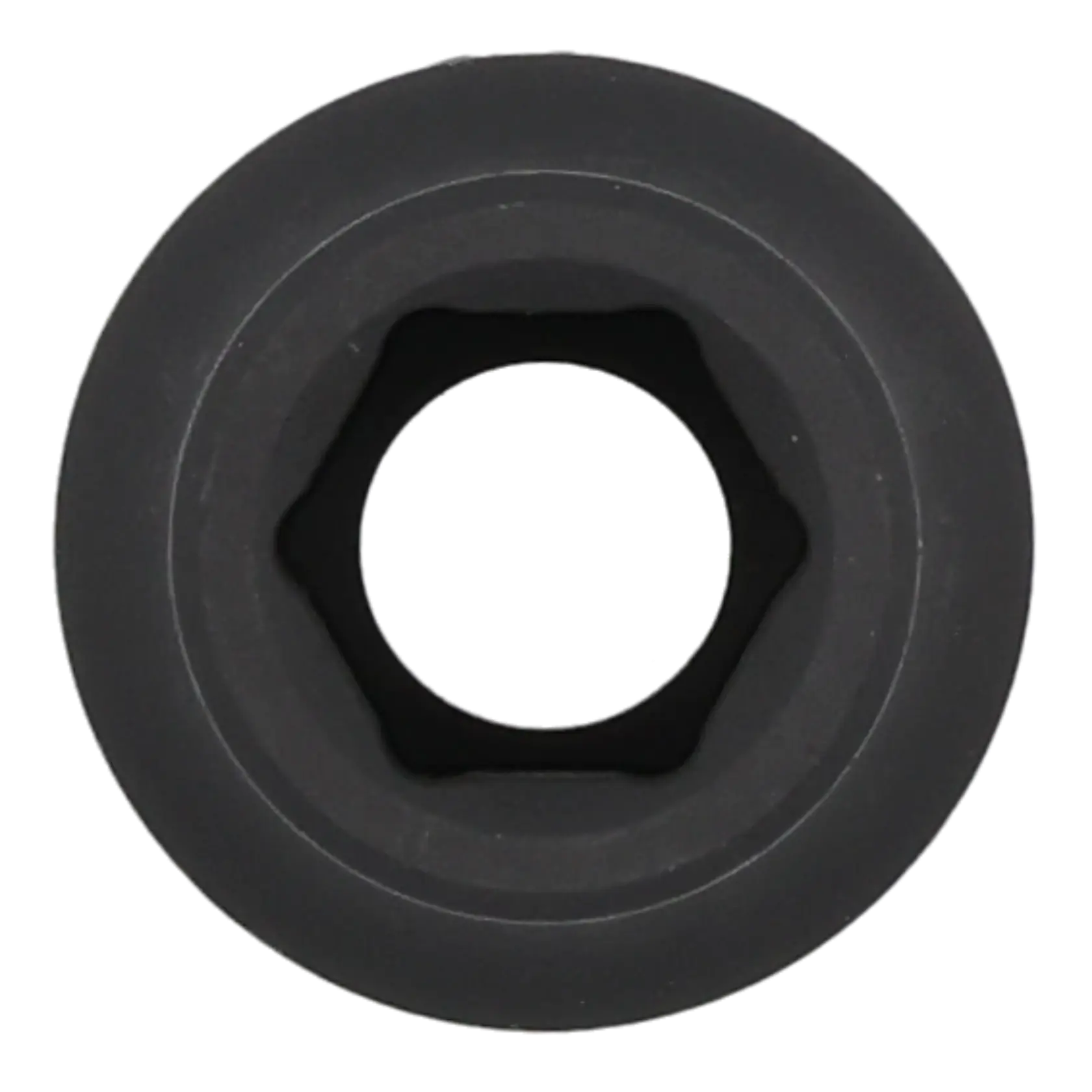 Close-up image of a black, hexagonal socket tool, viewed from the opening end.