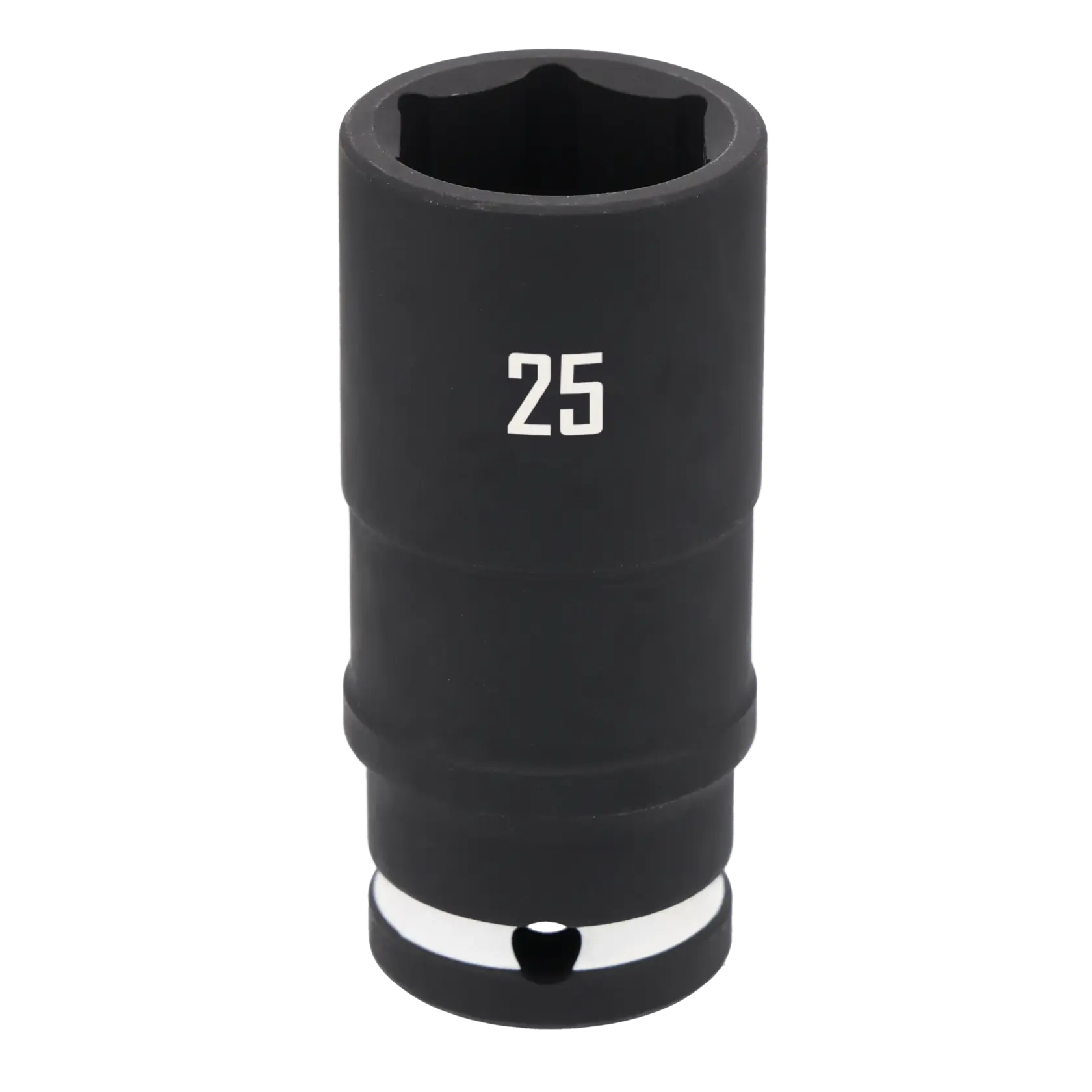 A black deep socket with the number 25 printed on it, used for fastening and loosening bolts and nuts.