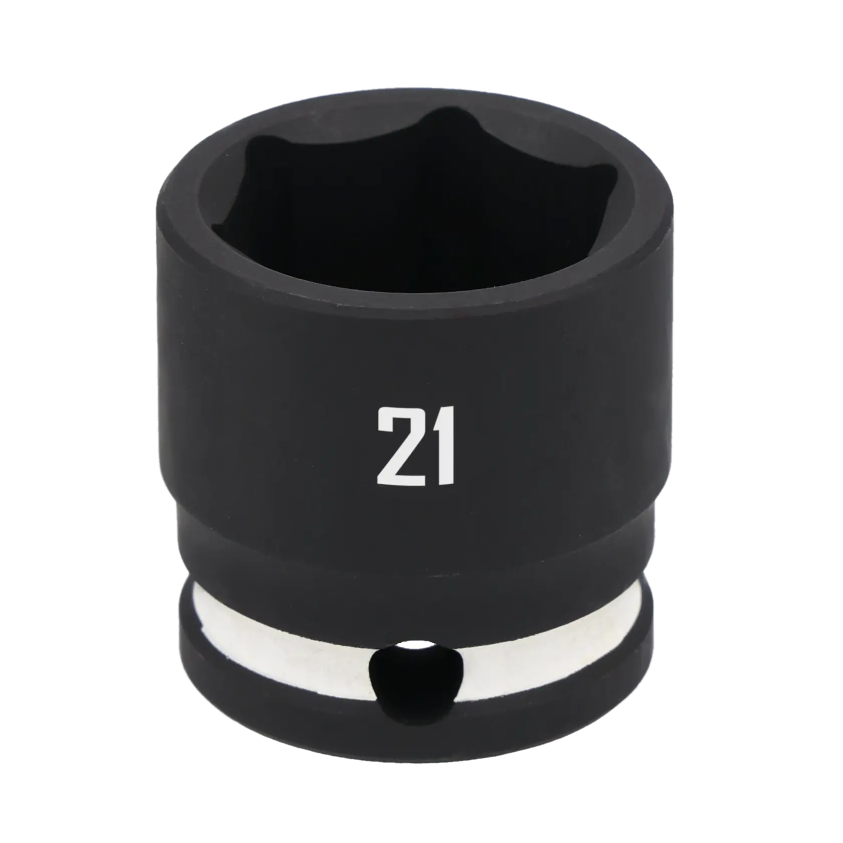 A close-up image of a black 21mm impact socket tool, typically used for tightening or loosening bolts, with a hole and metal ring near the base.