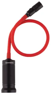 A flexible inspection flashlight with a long red silicone neck and a black grip handle labeled 'Craftsman', designed for illuminating hard-to-reach areas in photography or repair work.