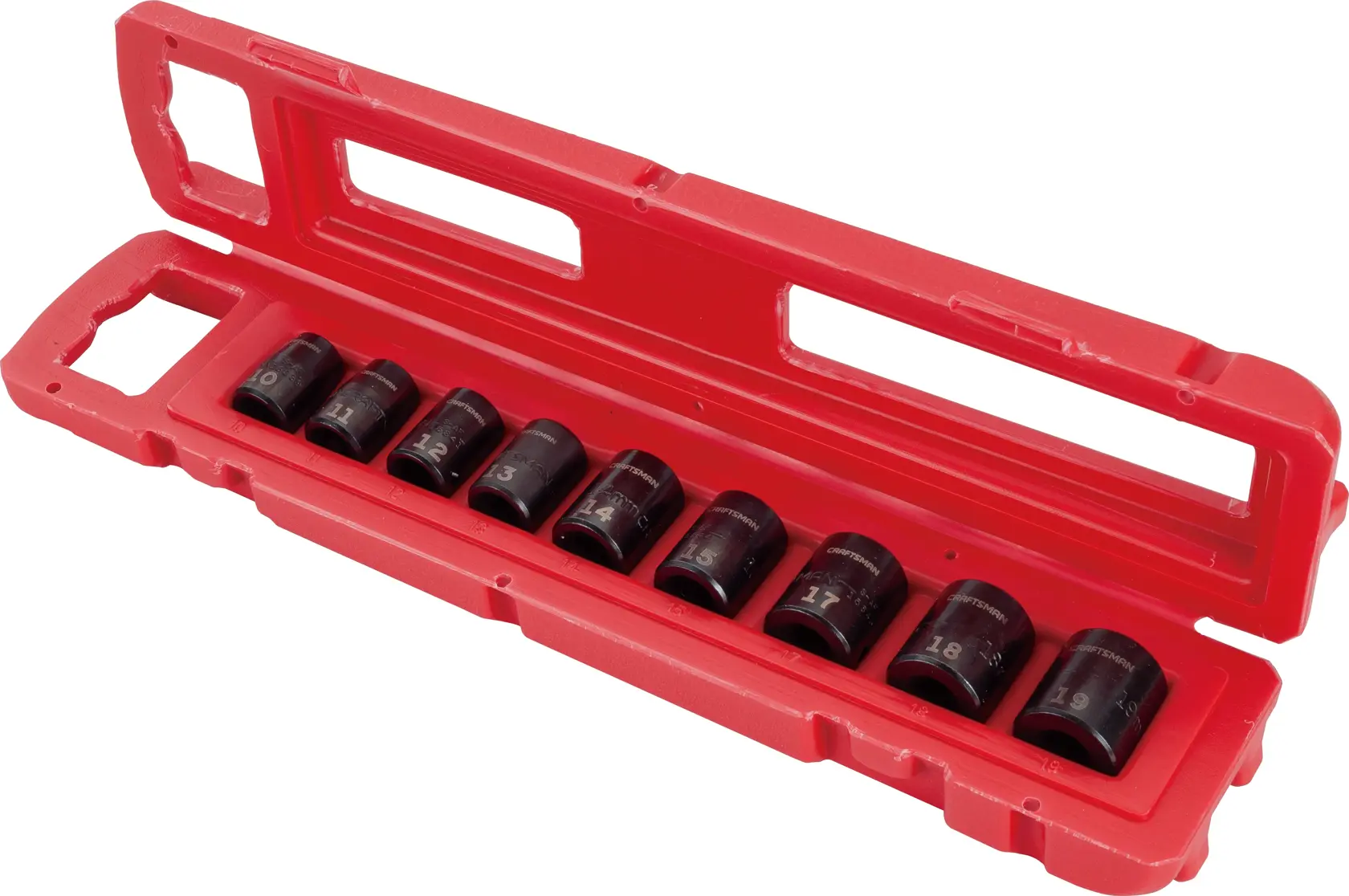 9 piece 3 eighths inch metric impact socket set and box.