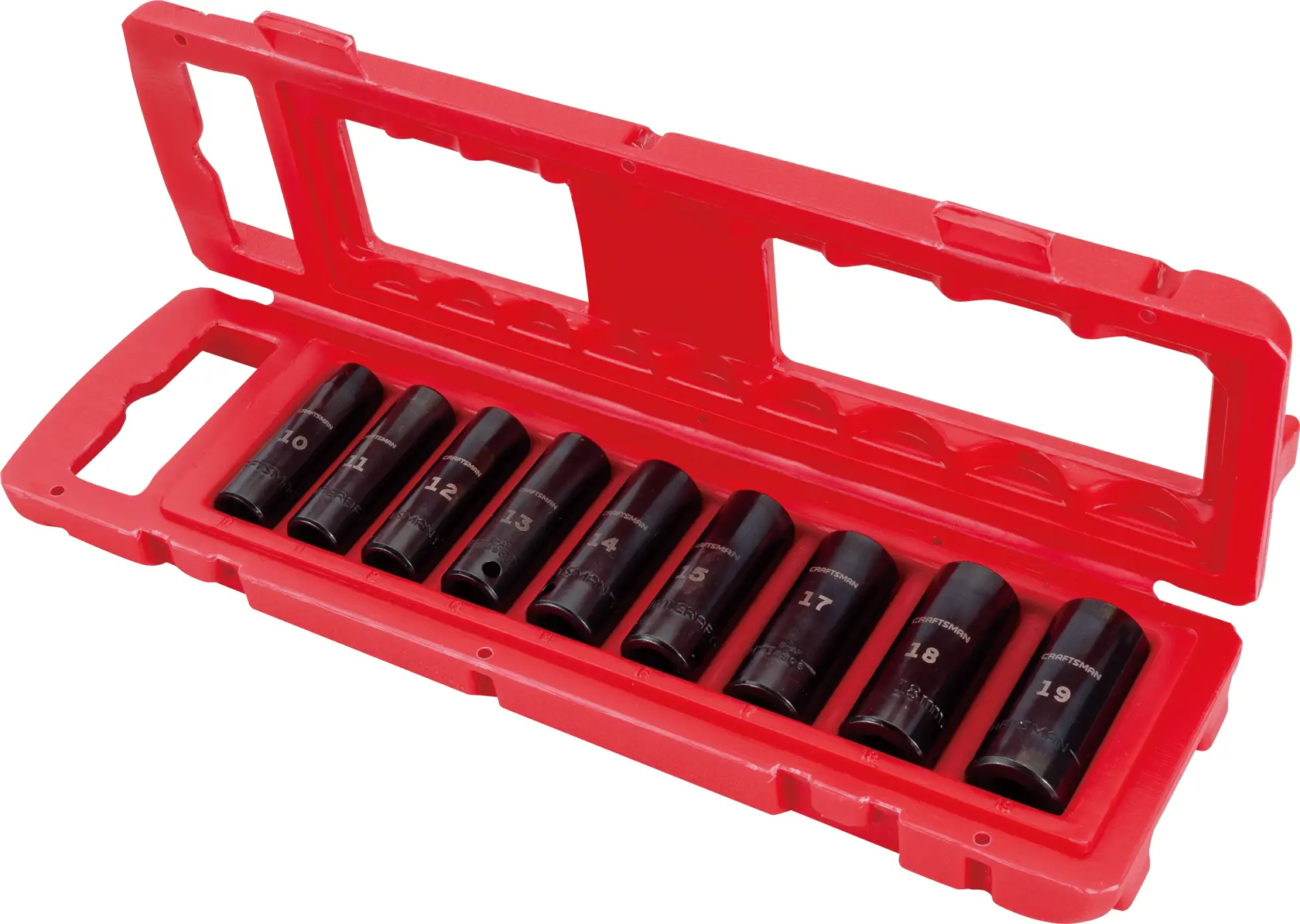 9 piece 3 eighths inch metric deep impact socket set in box.
