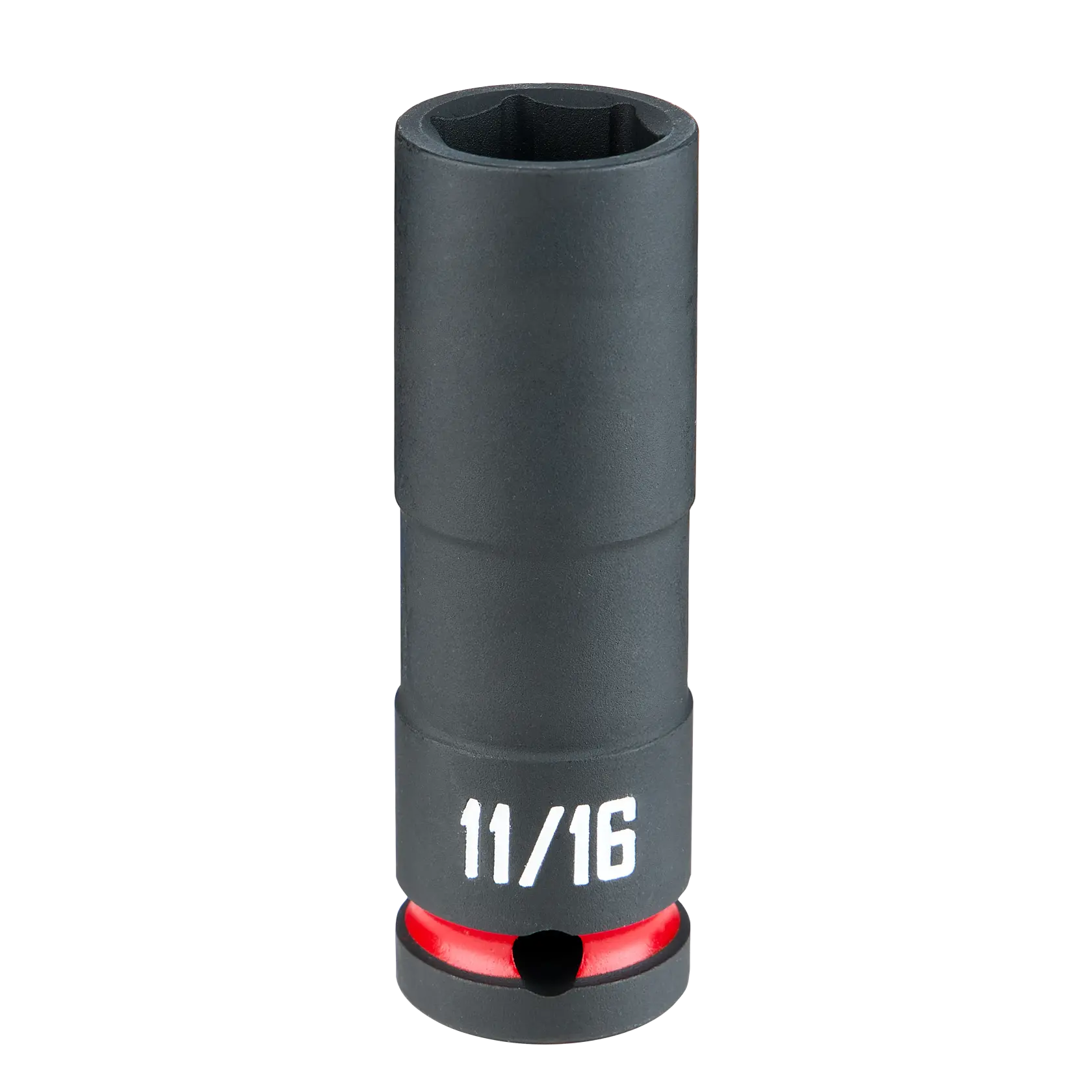 A black 11/16 inch deep impact socket with a red ring near the base, shown upright on a white background.