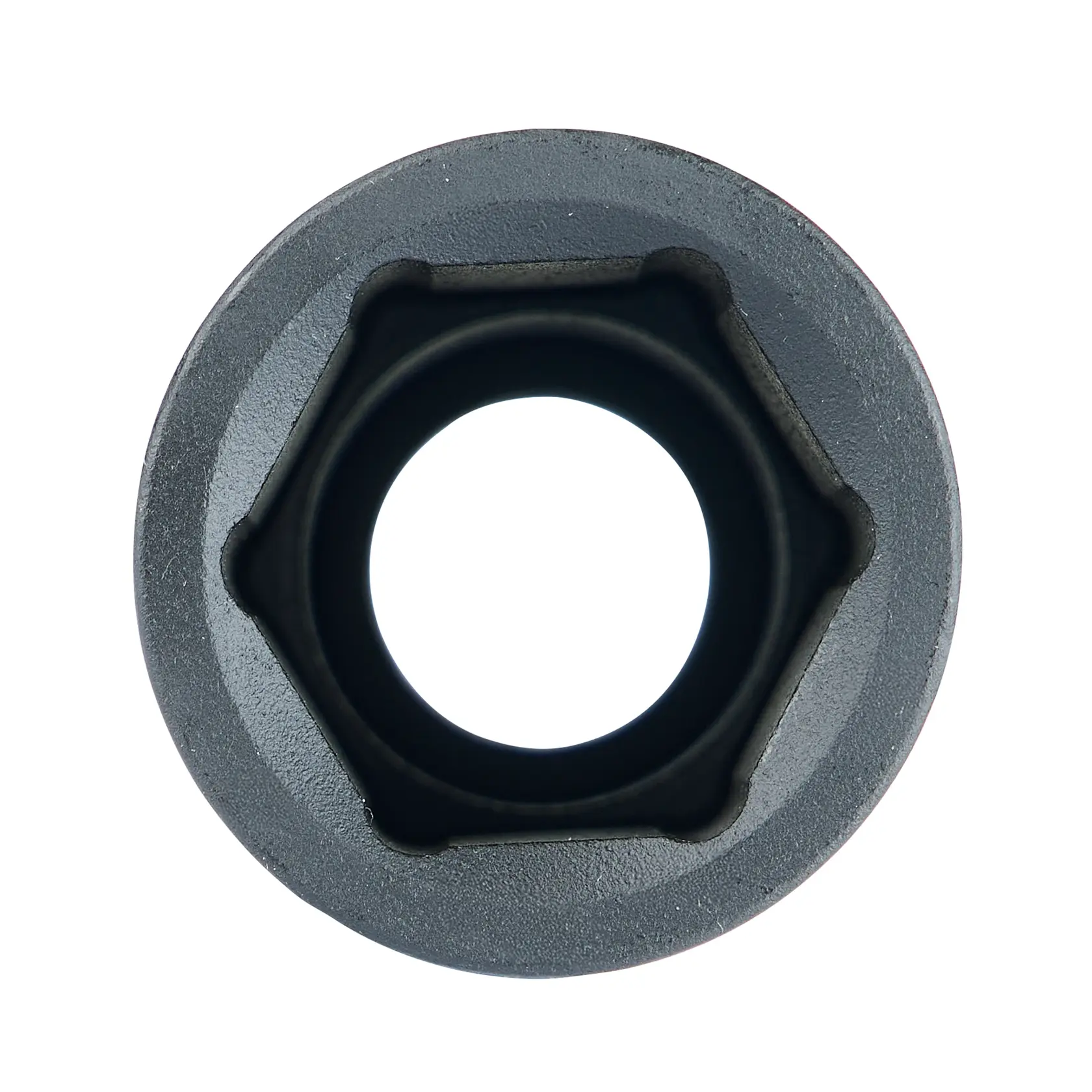 Close-up of a hexagonal metal object with a circular hole in the center, viewed from above, on a white background.