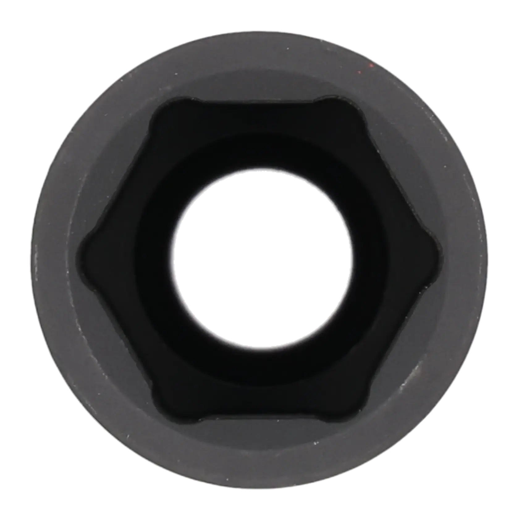 Close-up view of a black and gray socket tool head with a six-point star interior, photographed from above.