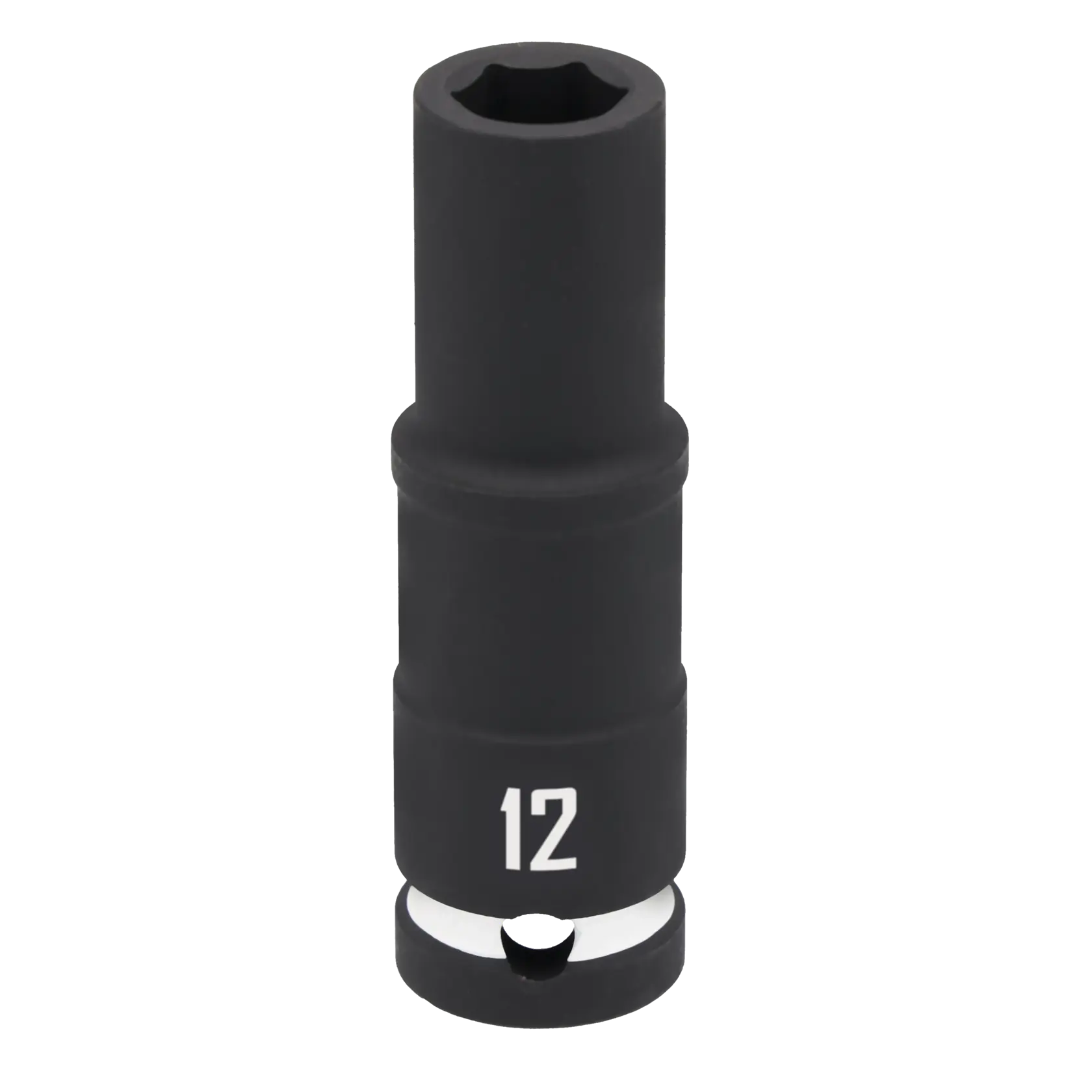 A black Craftsman deep impact socket with the number 12 printed on its side, used for turning nuts and bolts.
