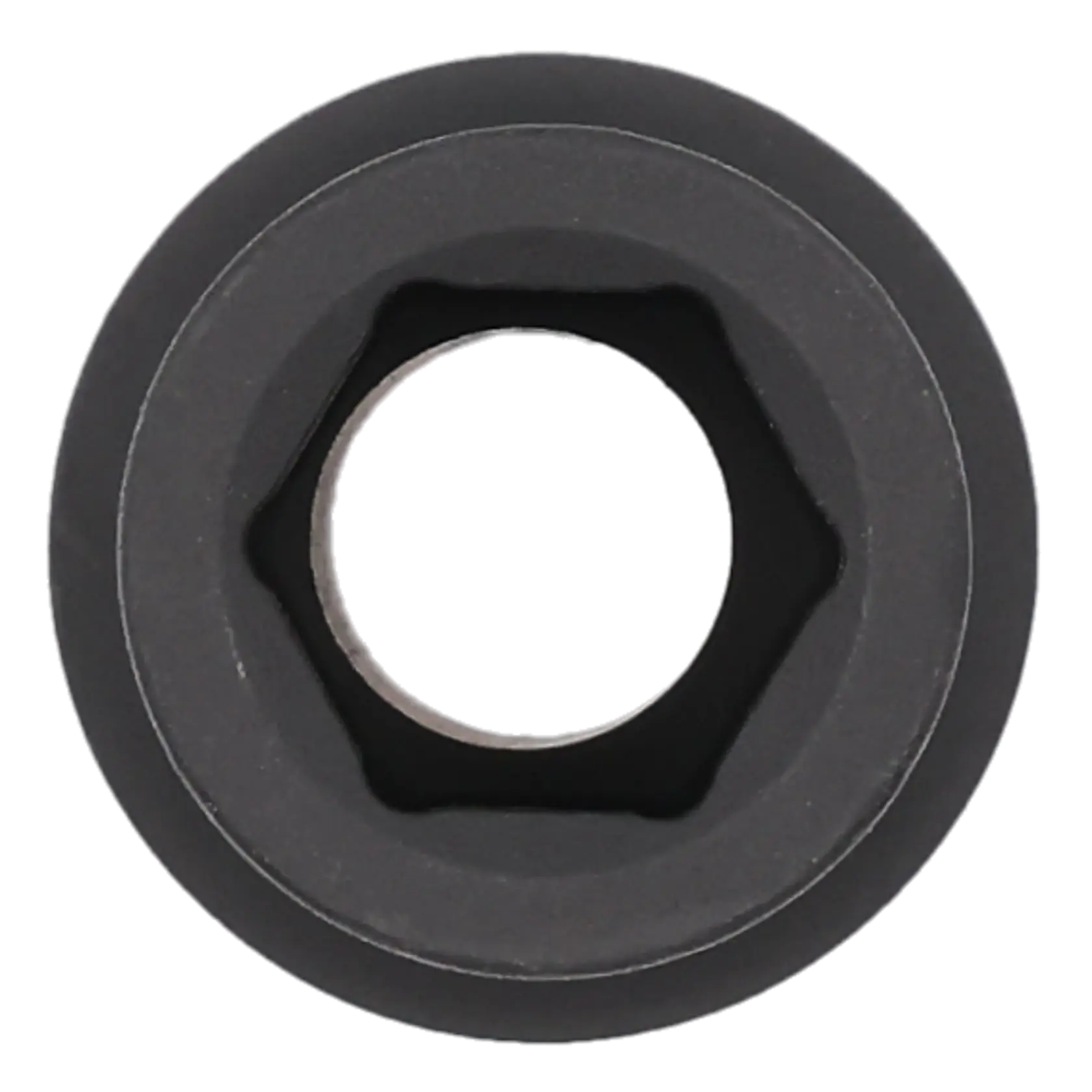 Close-up view of a black hexagonal socket, photographed from above, showing the interior opening and outer circular shape.