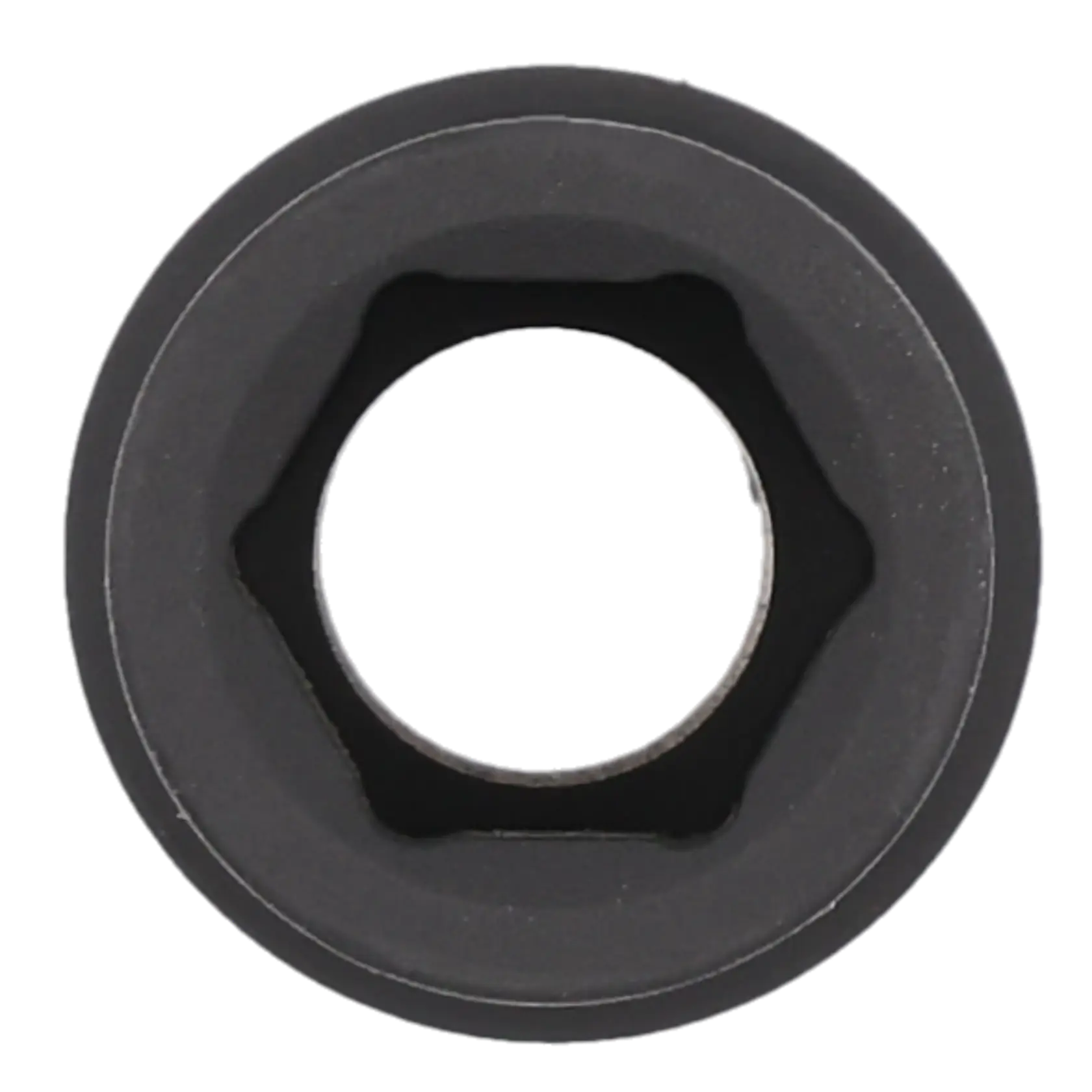 Close-up view of a black, hexagonal socket from above, showing the internal shape and circular outer edge.