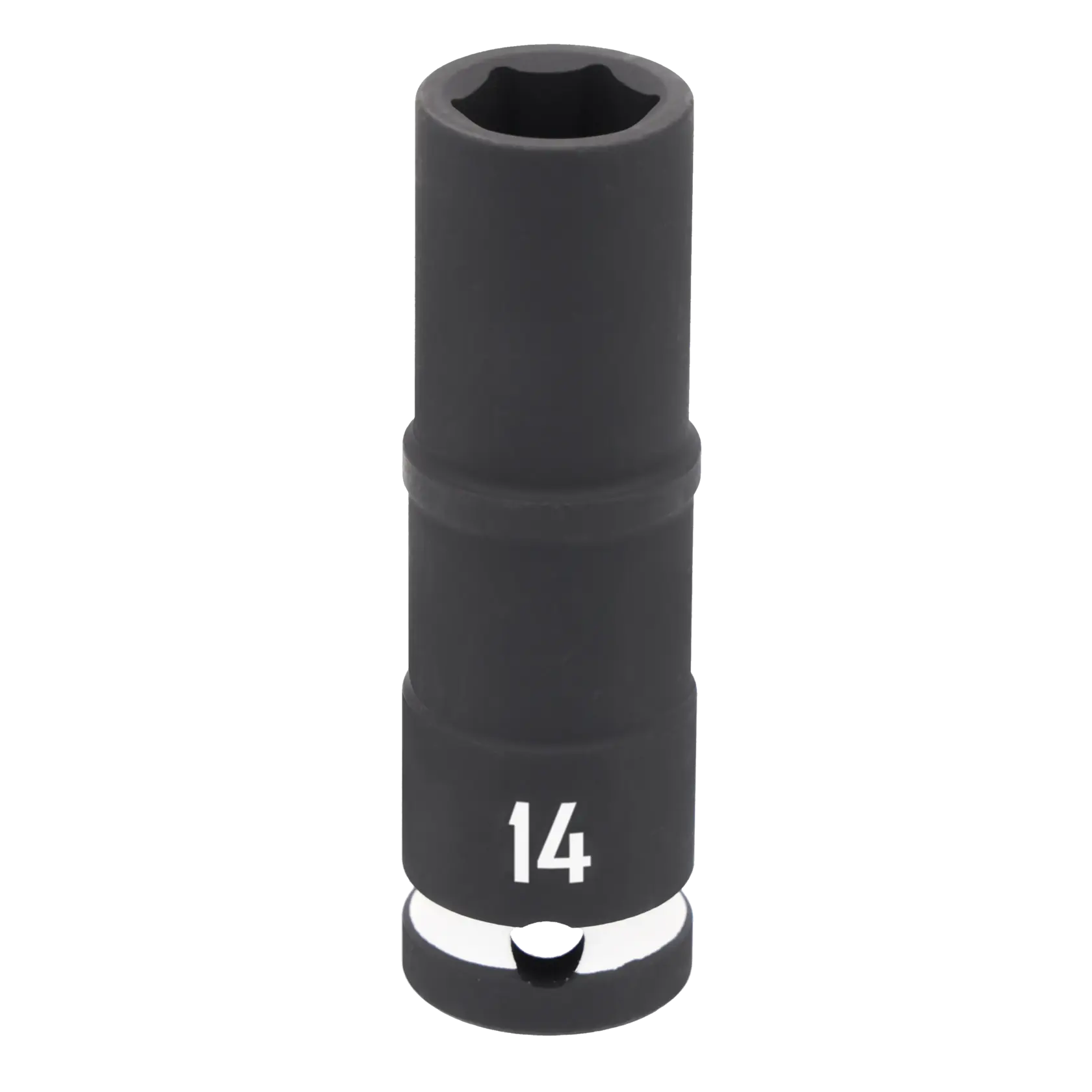 A close-up view of a black 14mm deep socket tool, used for securing nuts and bolts, with the number '14' printed in white near the base.