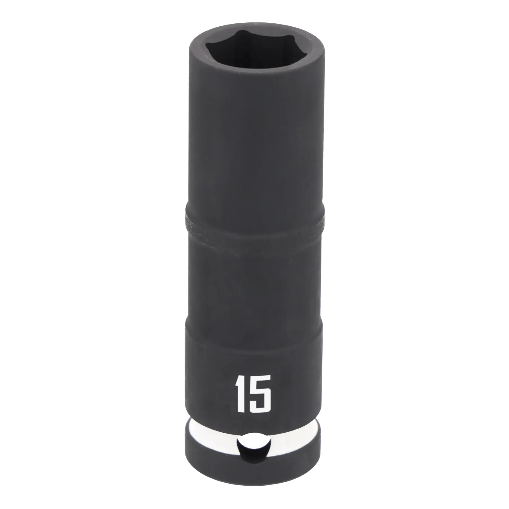 A black deep socket tool with the number 15 printed in white near the base. The tool is cylindrical and designed for use with a ratchet or socket wrench.