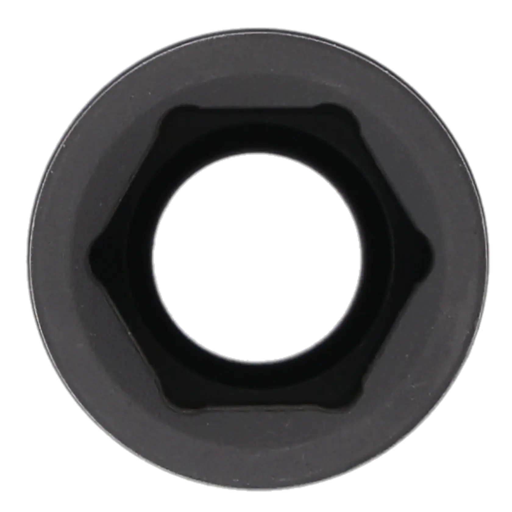 Close-up top view of a hexagonal socket tool, designed for use with a socket wrench. The socket has a circular outer shape and a hexagonal inner opening.