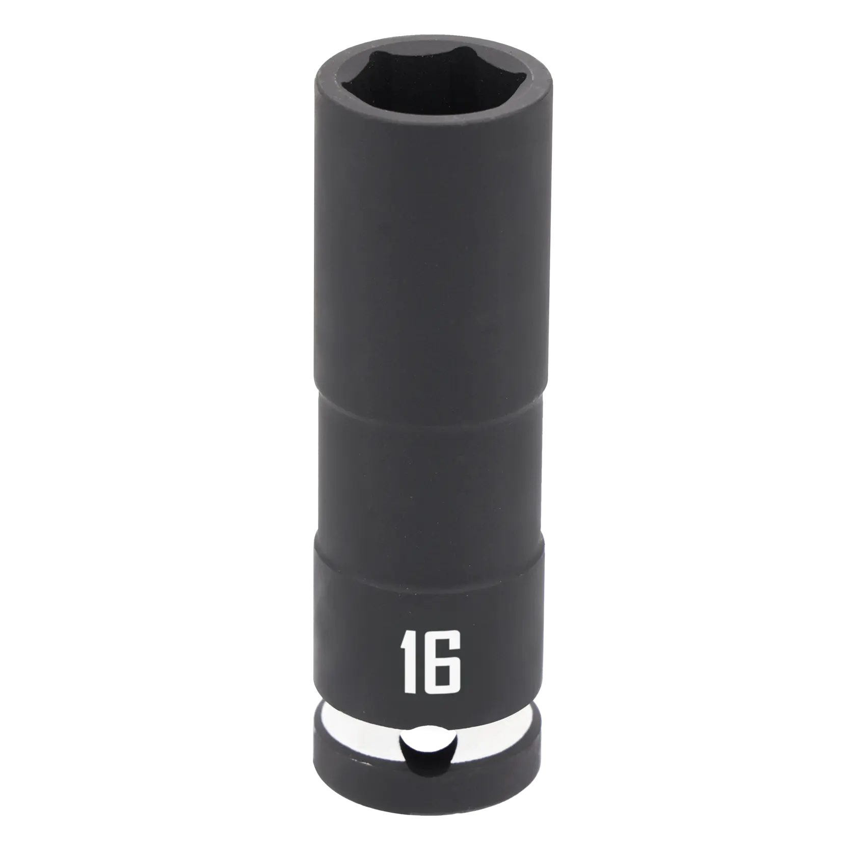 A black deep socket tool with the number 16 printed in white on its side, designed for use with a ratchet for tightening or loosening fasteners.
