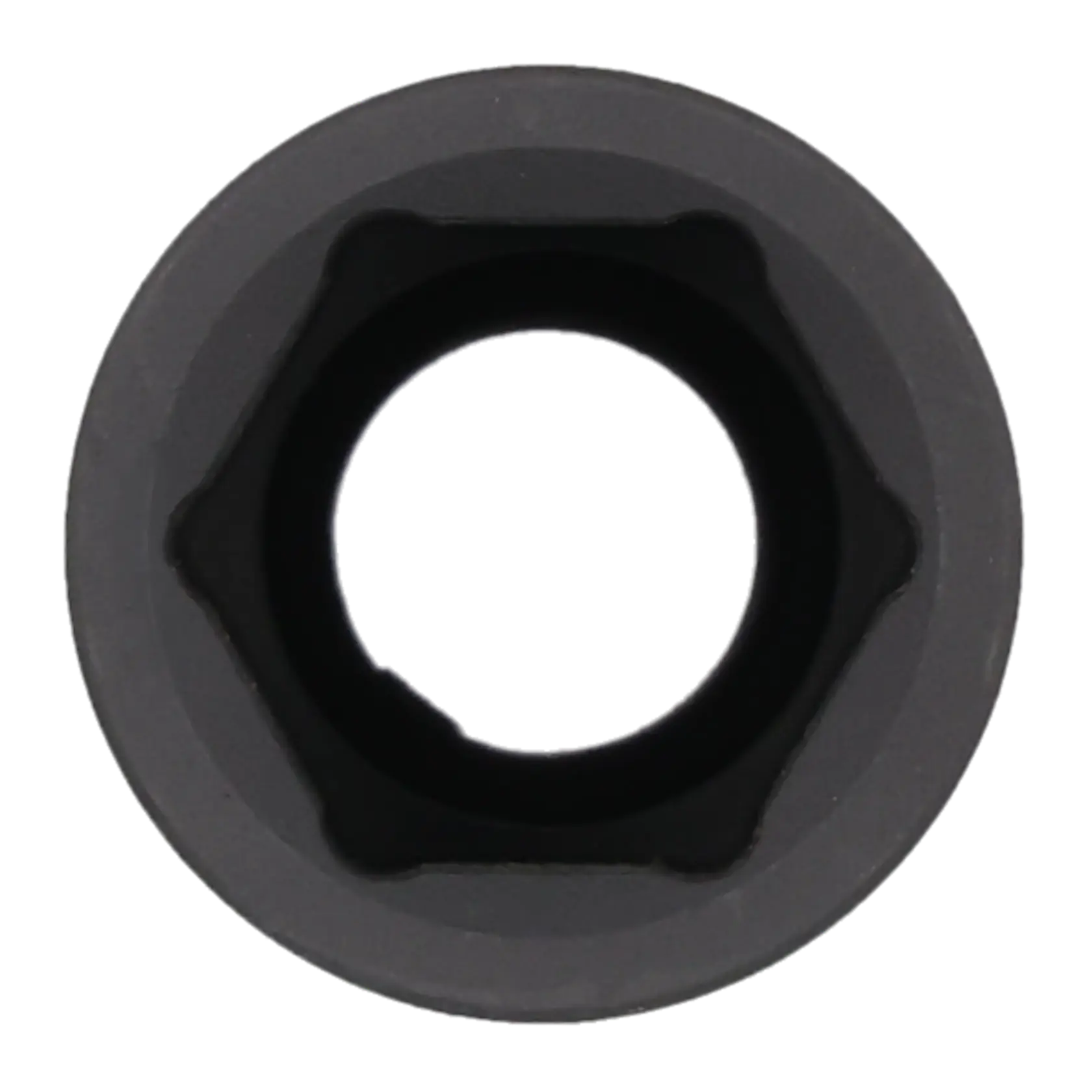 Close-up view of a black hexagonal socket tool, photographed from above against a white background.