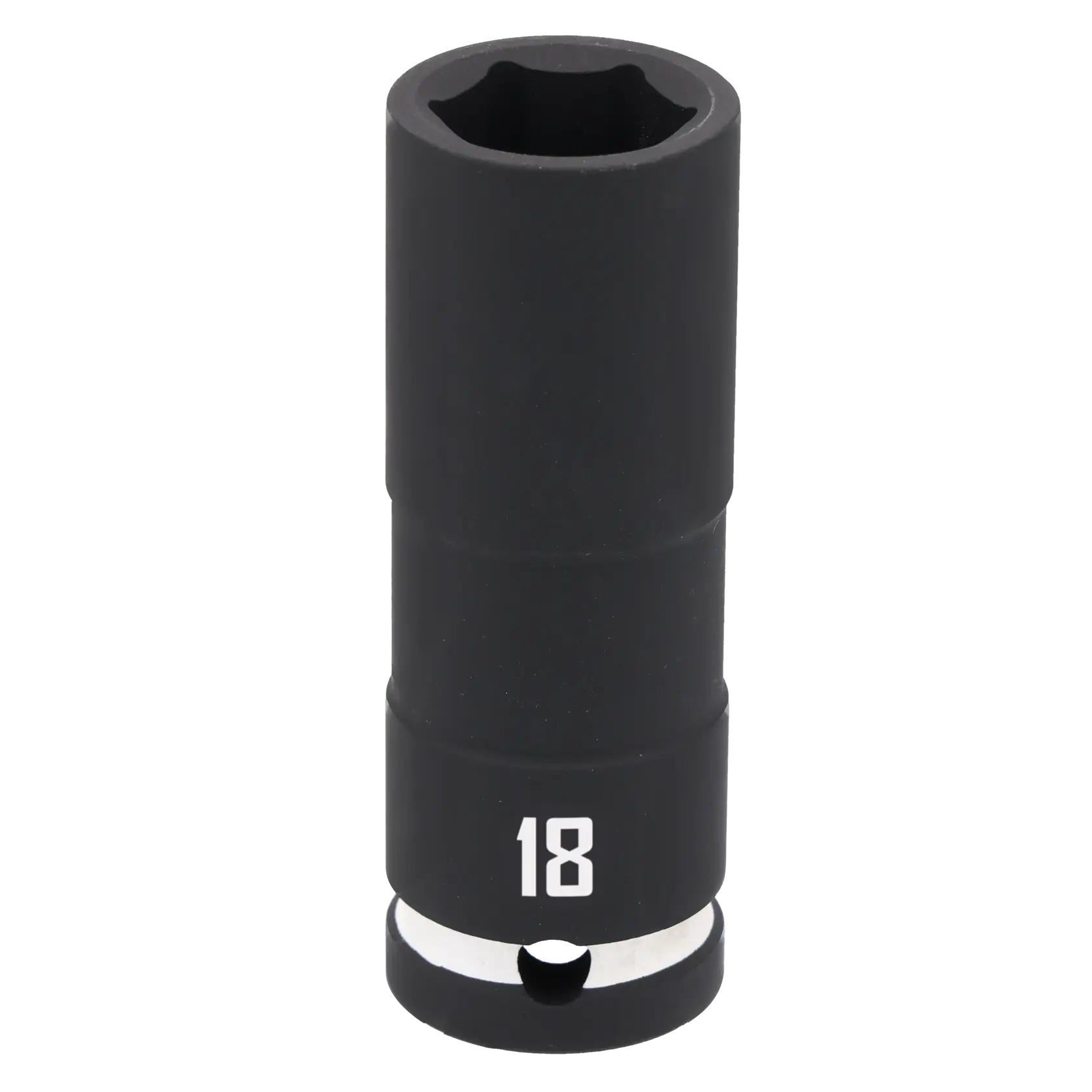 A black, cylindrical deep socket tool with the number 18 printed on it, designed for use with a socket wrench.