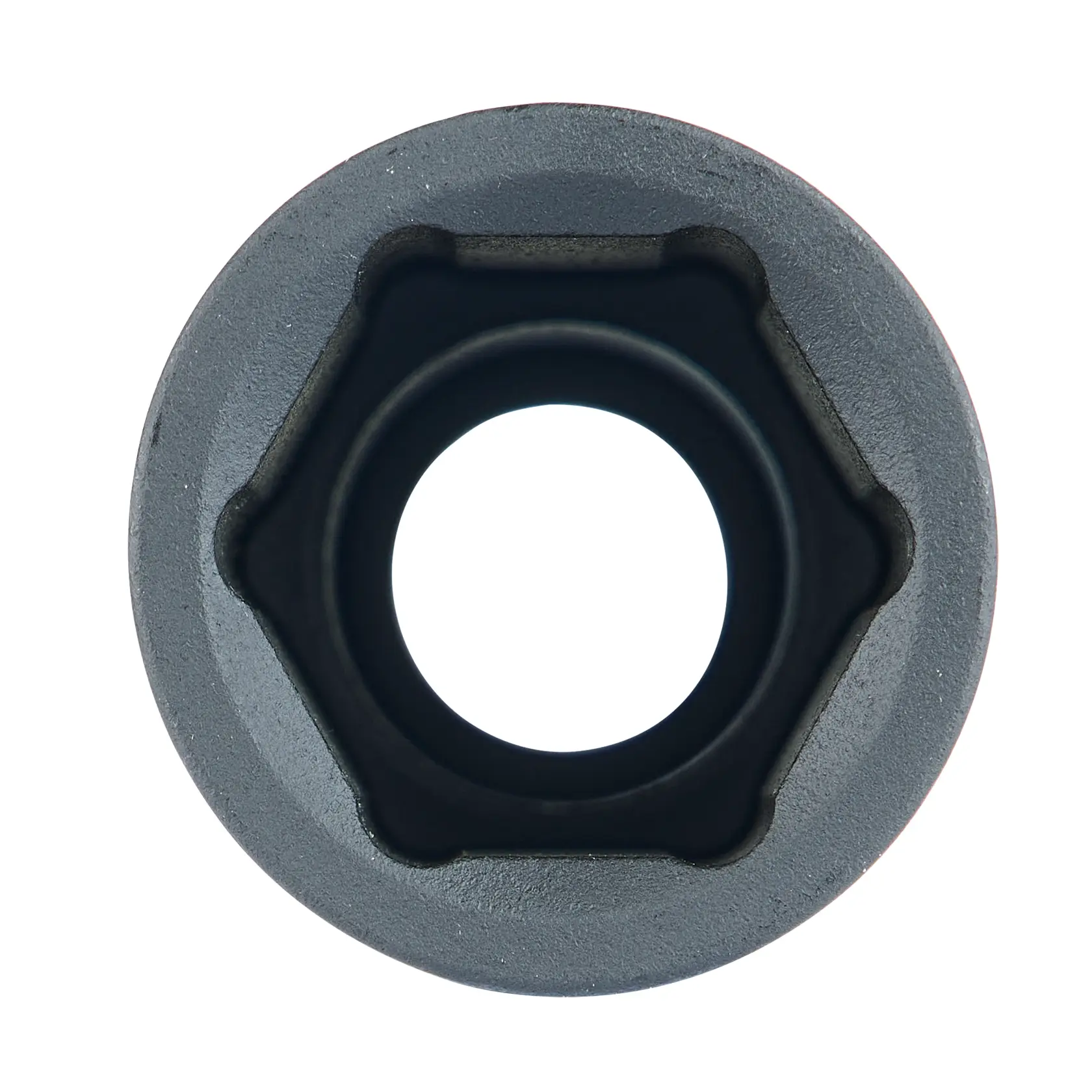 Close-up view of a metal hexagonal socket, photographed from above on a white background.