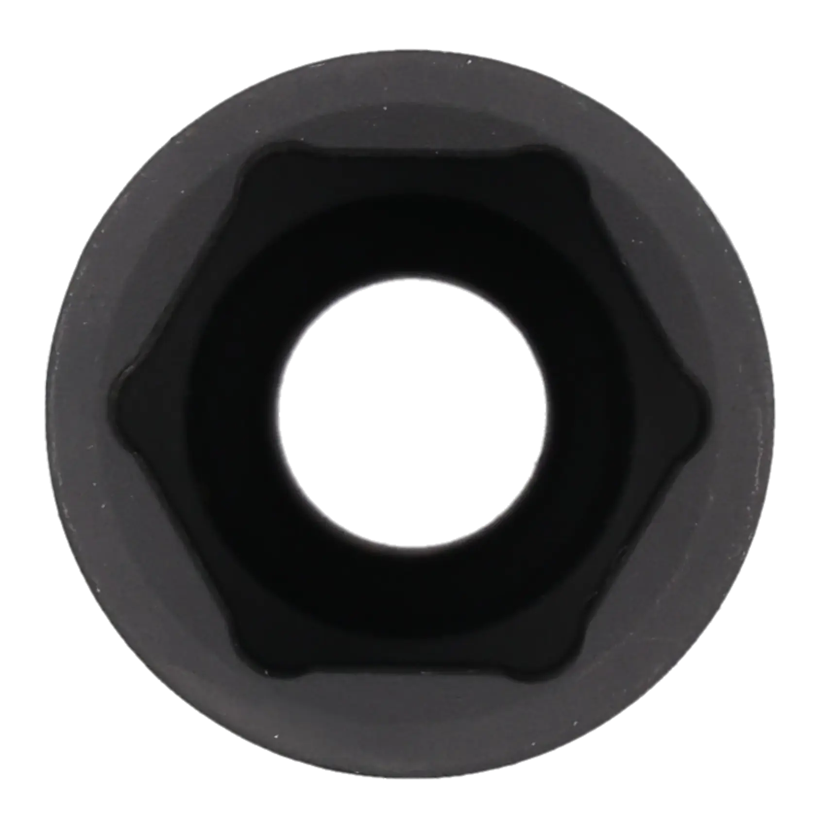 Close-up view of a hexagonal black socket tool, showing the inner profile and opening.