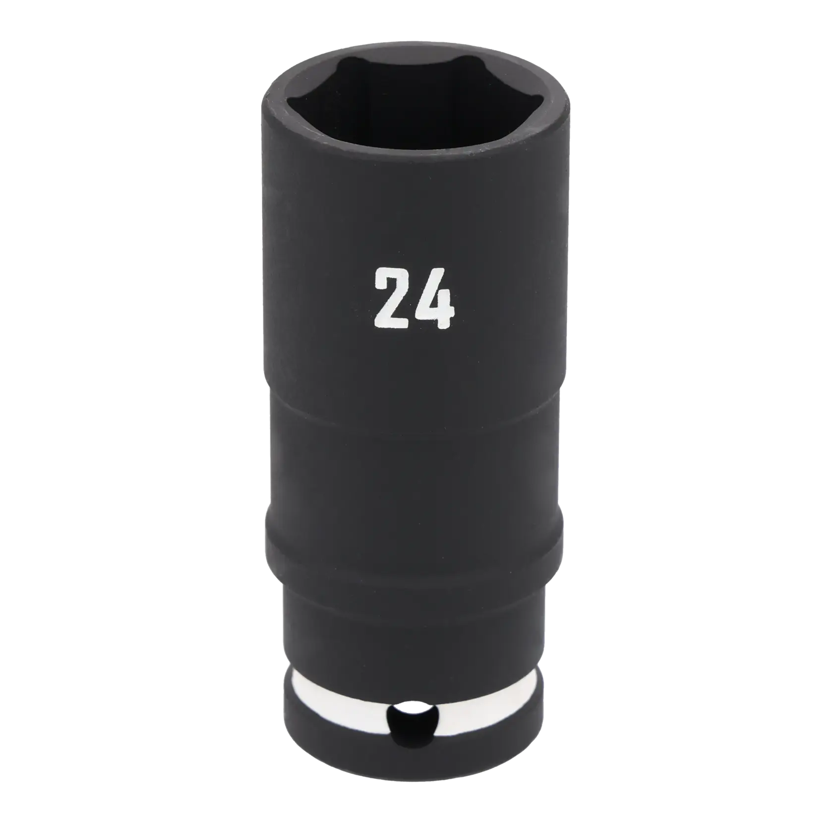 A black socket tool with the number 24 printed in white on its side. The socket is cylindrical and features a hole near its base.