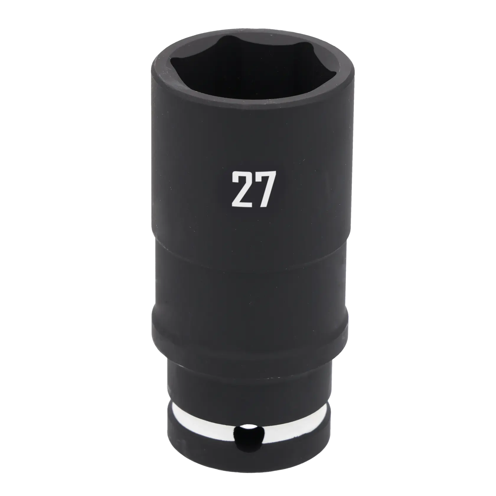 A close-up image of a black CRAFTSMAN deep socket with the number 27 printed on it, used for fastening or loosening bolts and nuts.